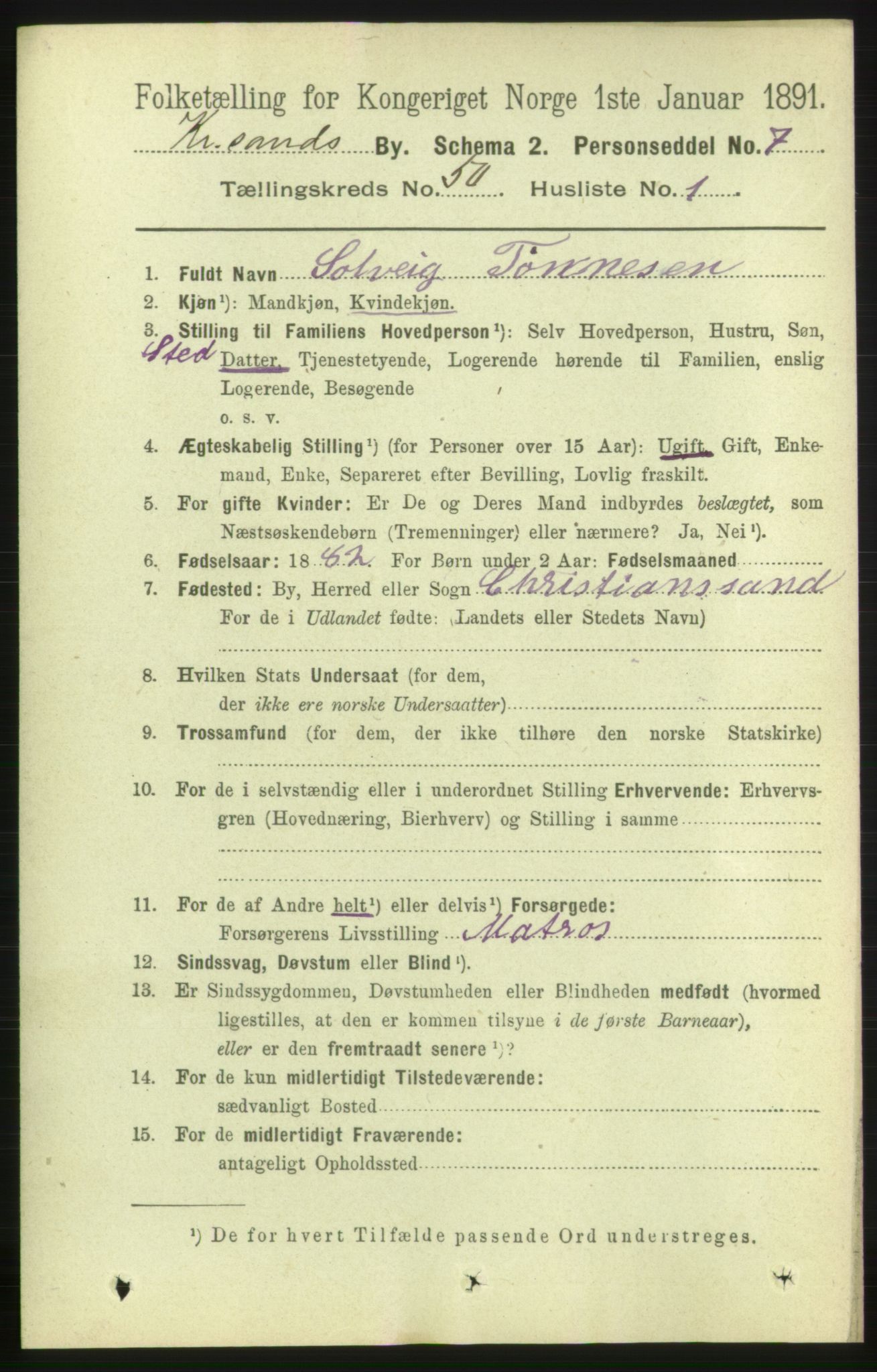 RA, 1891 census for 1001 Kristiansand, 1891, p. 14892