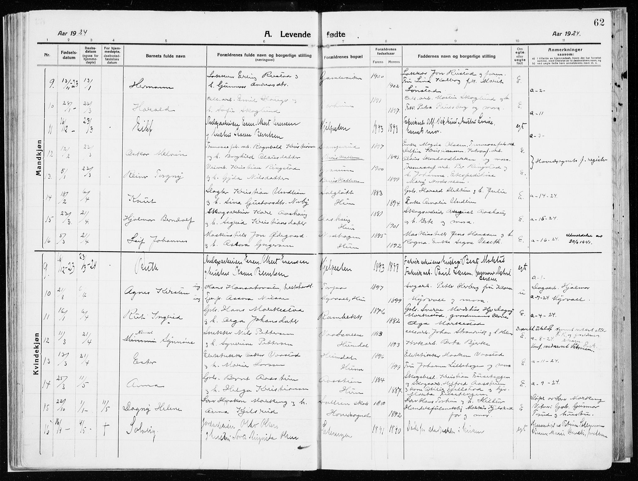 Vardal prestekontor, SAH/PREST-100/H/Ha/Haa/L0017: Parish register (official) no. 17, 1915-1929, p. 62