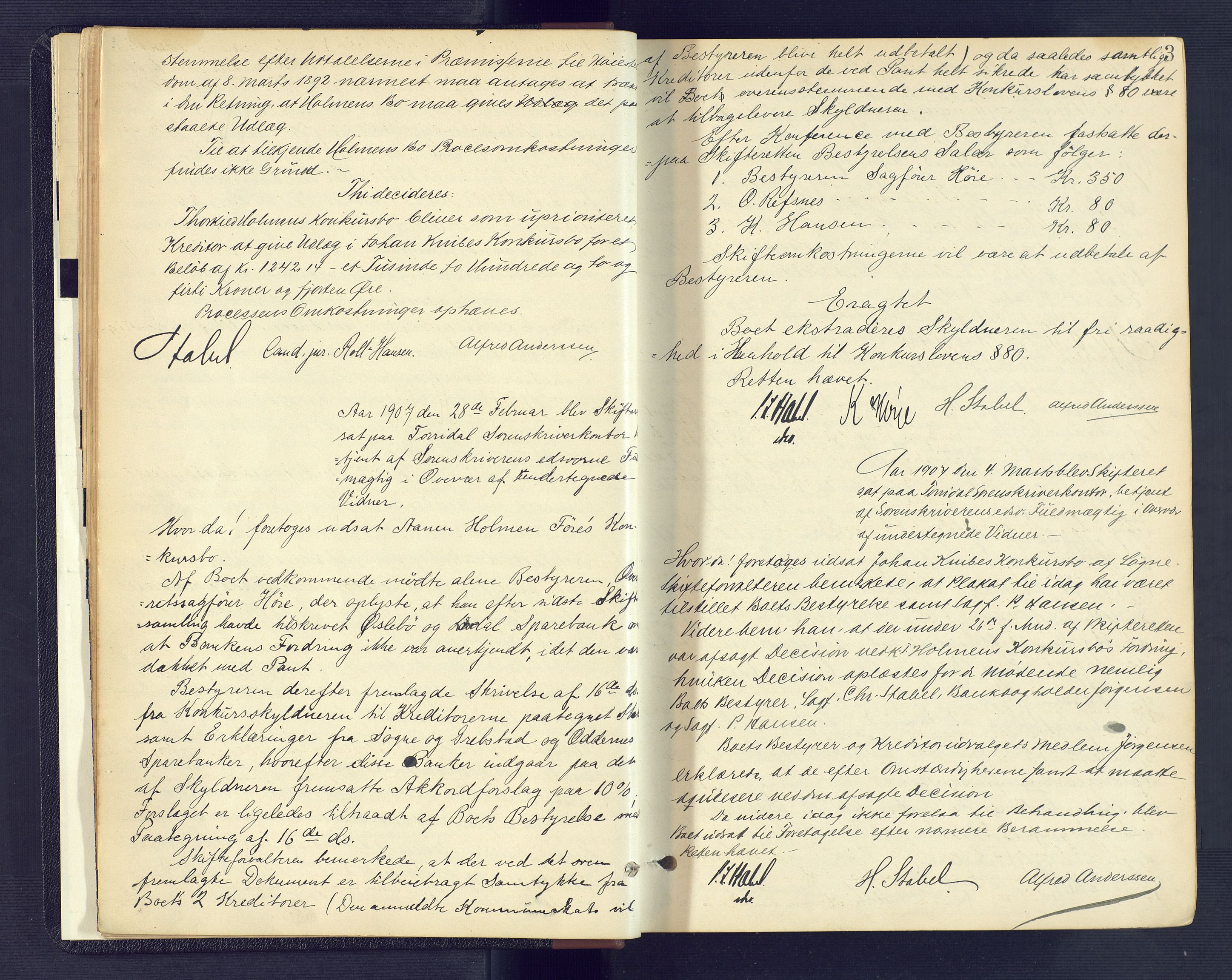 Torridal sorenskriveri, SAK/1221-0012/H/Hc/L0021: Skifteforhandlingsprotokoll med navneregister nr. 7, 1907-1911, p. 3