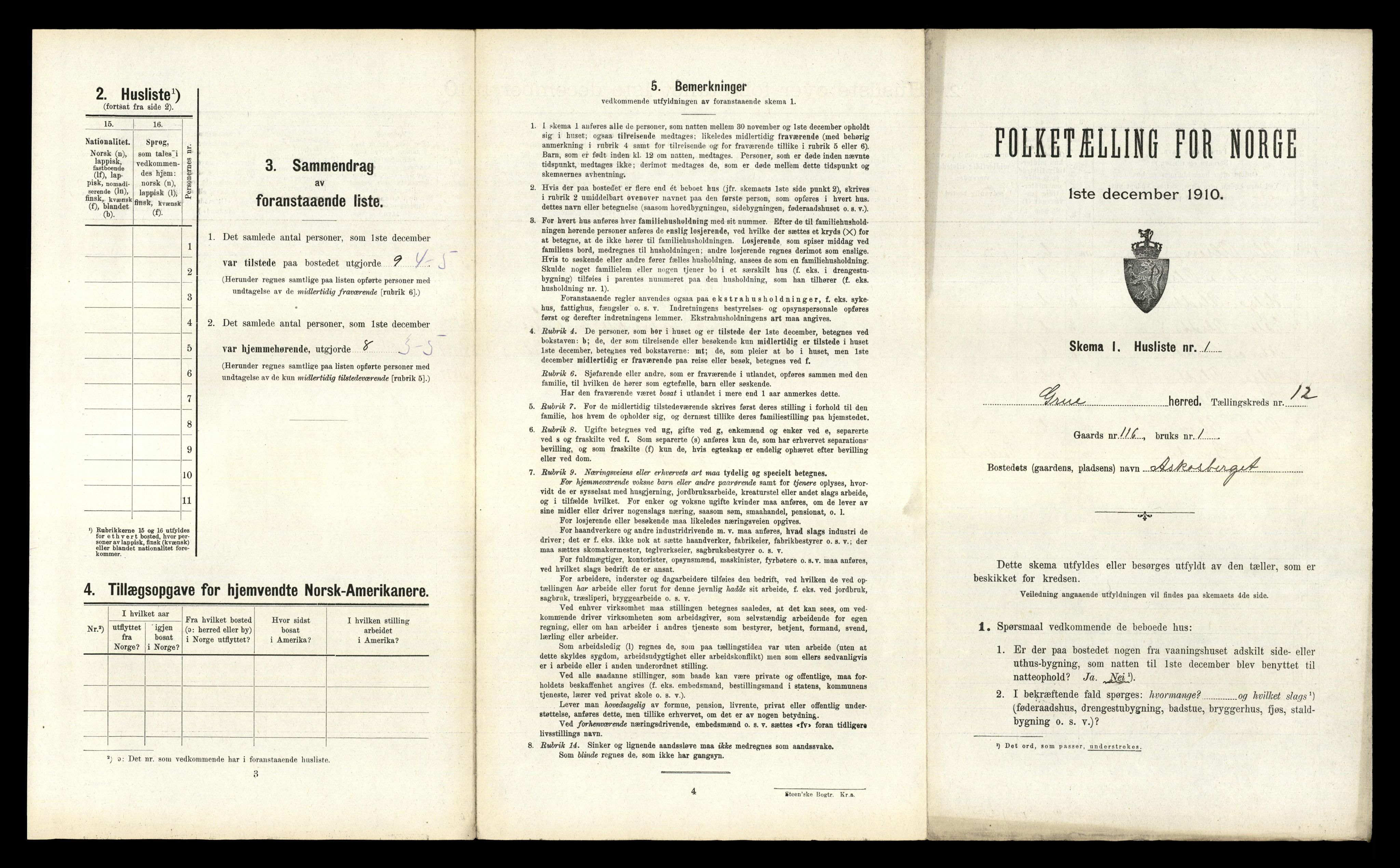 RA, 1910 census for Grue, 1910, p. 1517