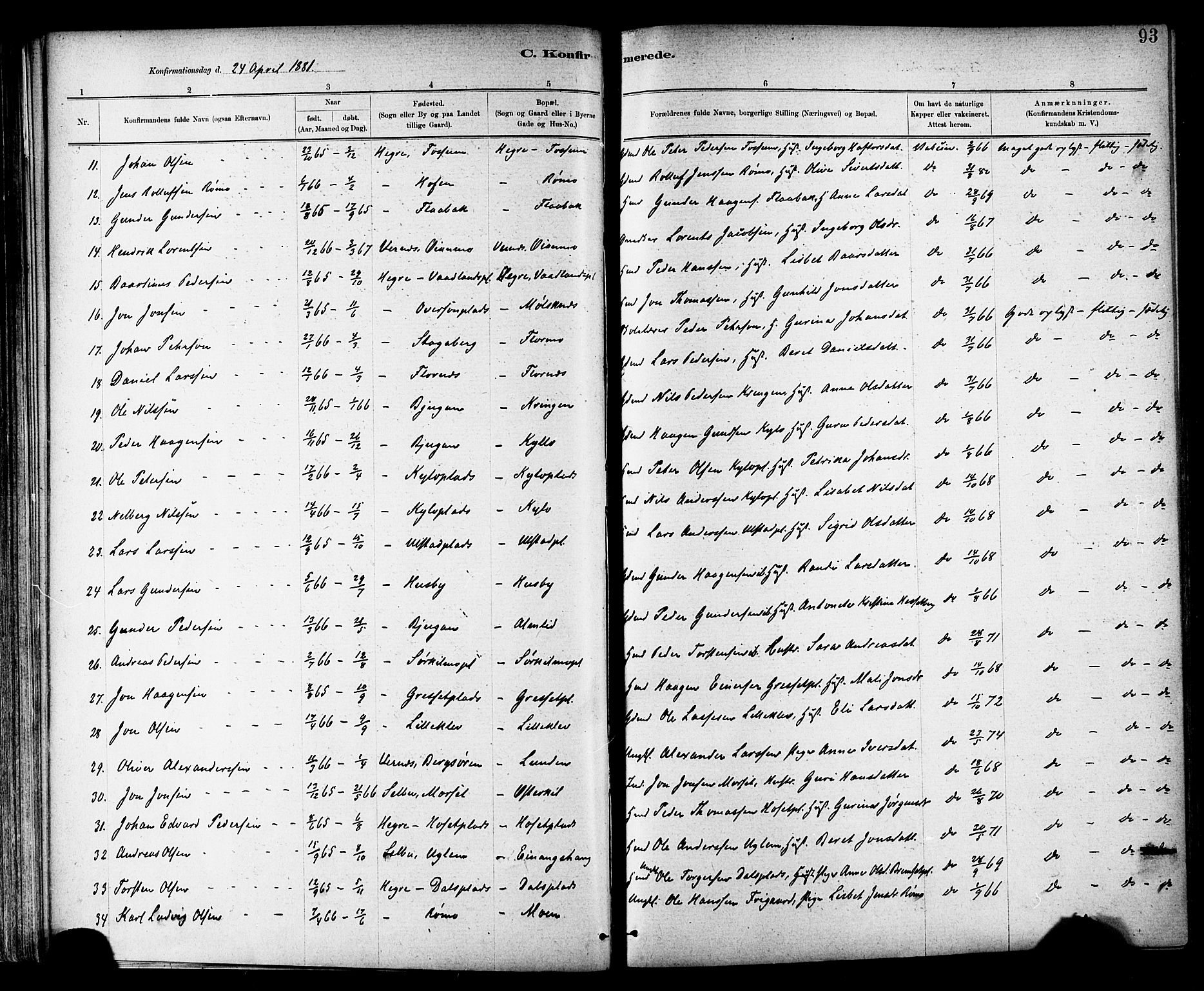 Ministerialprotokoller, klokkerbøker og fødselsregistre - Nord-Trøndelag, SAT/A-1458/703/L0030: Parish register (official) no. 703A03, 1880-1892, p. 93