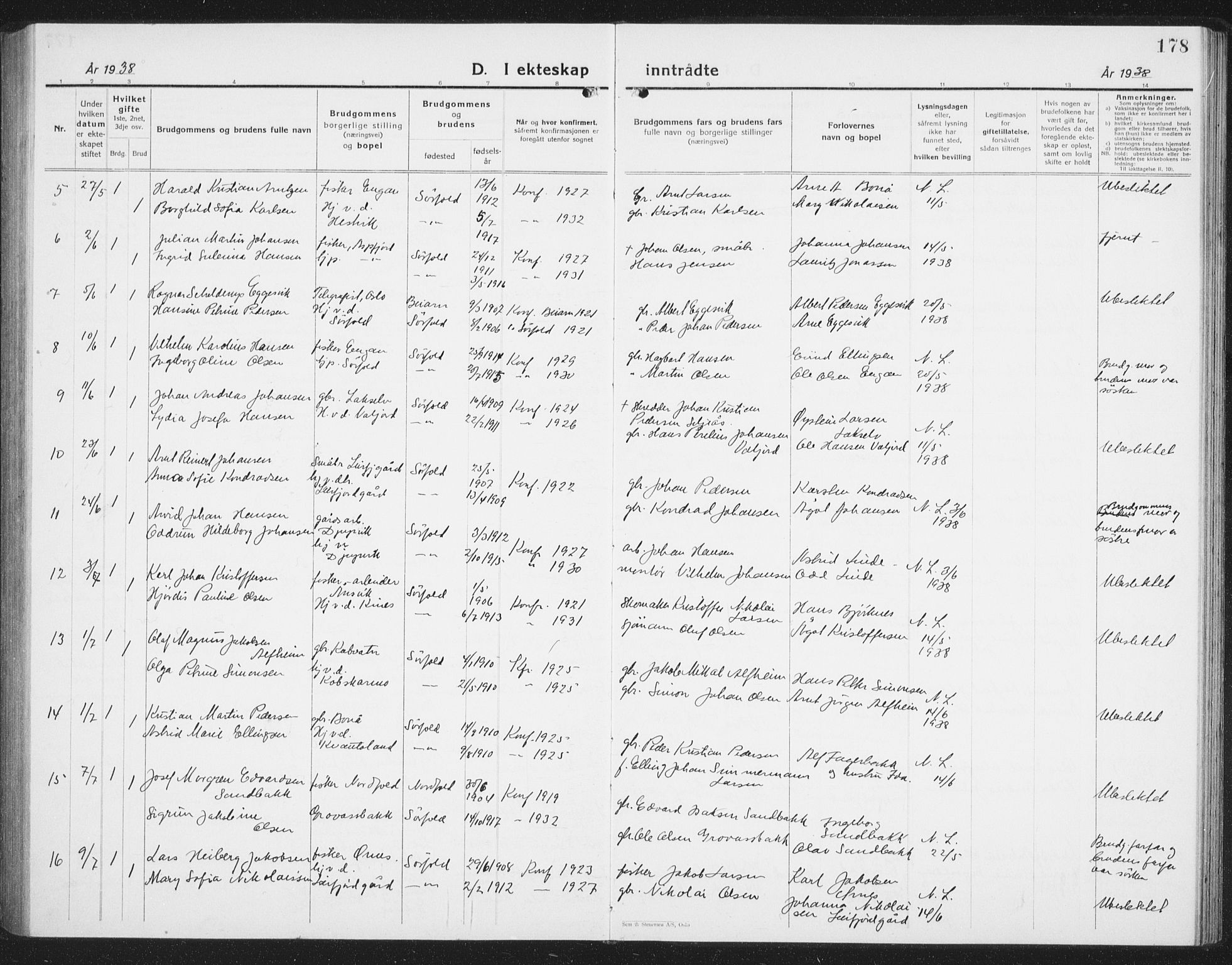 Ministerialprotokoller, klokkerbøker og fødselsregistre - Nordland, AV/SAT-A-1459/854/L0788: Parish register (copy) no. 854C04, 1926-1940, p. 178