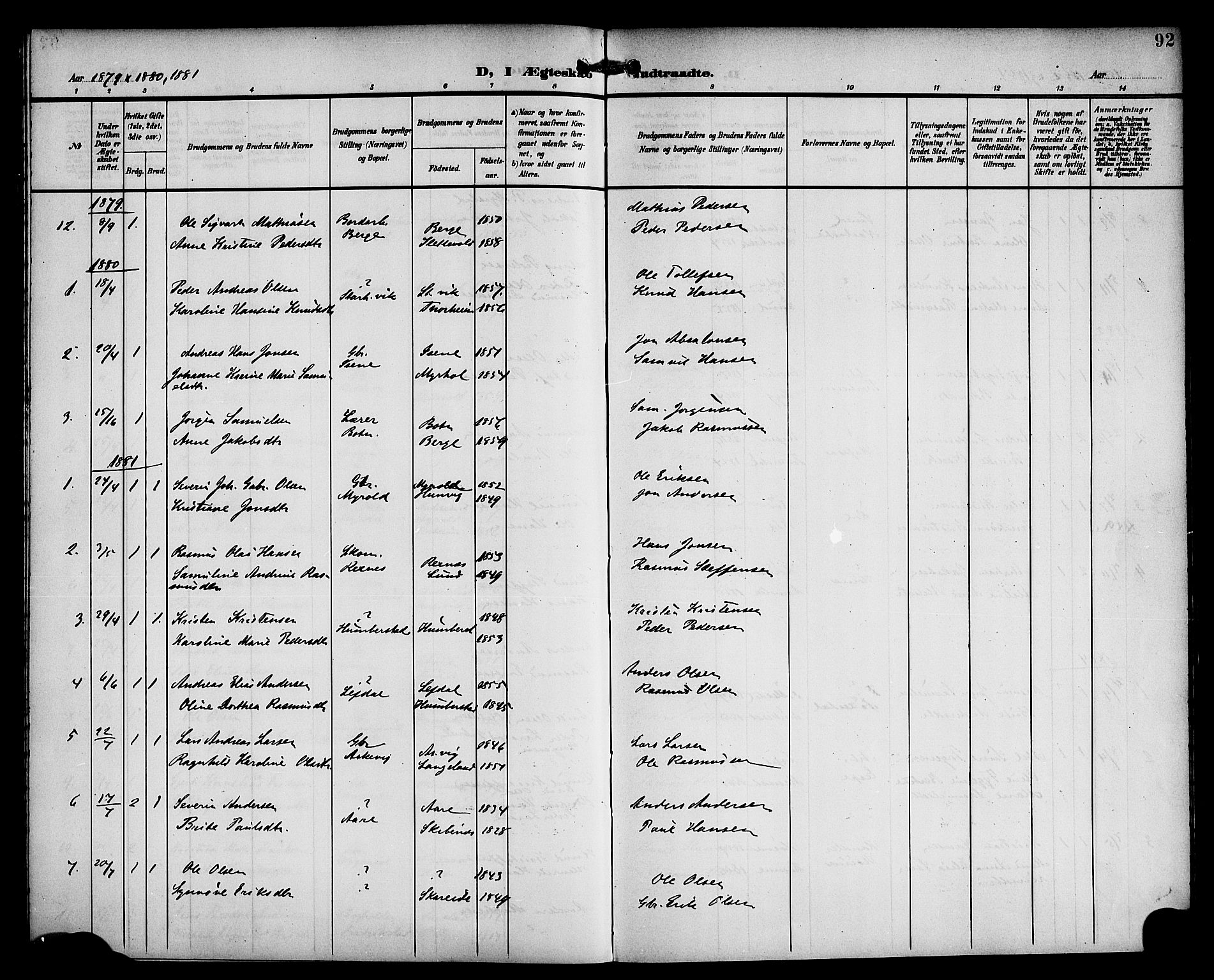 Eid sokneprestembete, AV/SAB-A-82301/H/Haa/Haac/L0001: Parish register (official) no. C 1, 1879-1899, p. 92