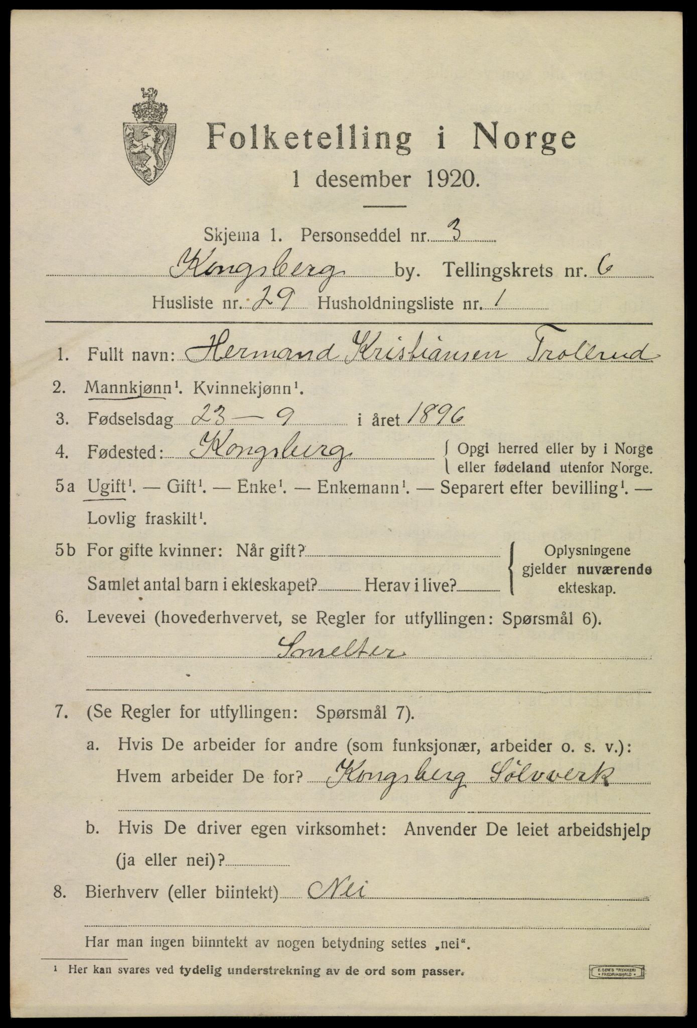 SAKO, 1920 census for Kongsberg, 1920, p. 13896