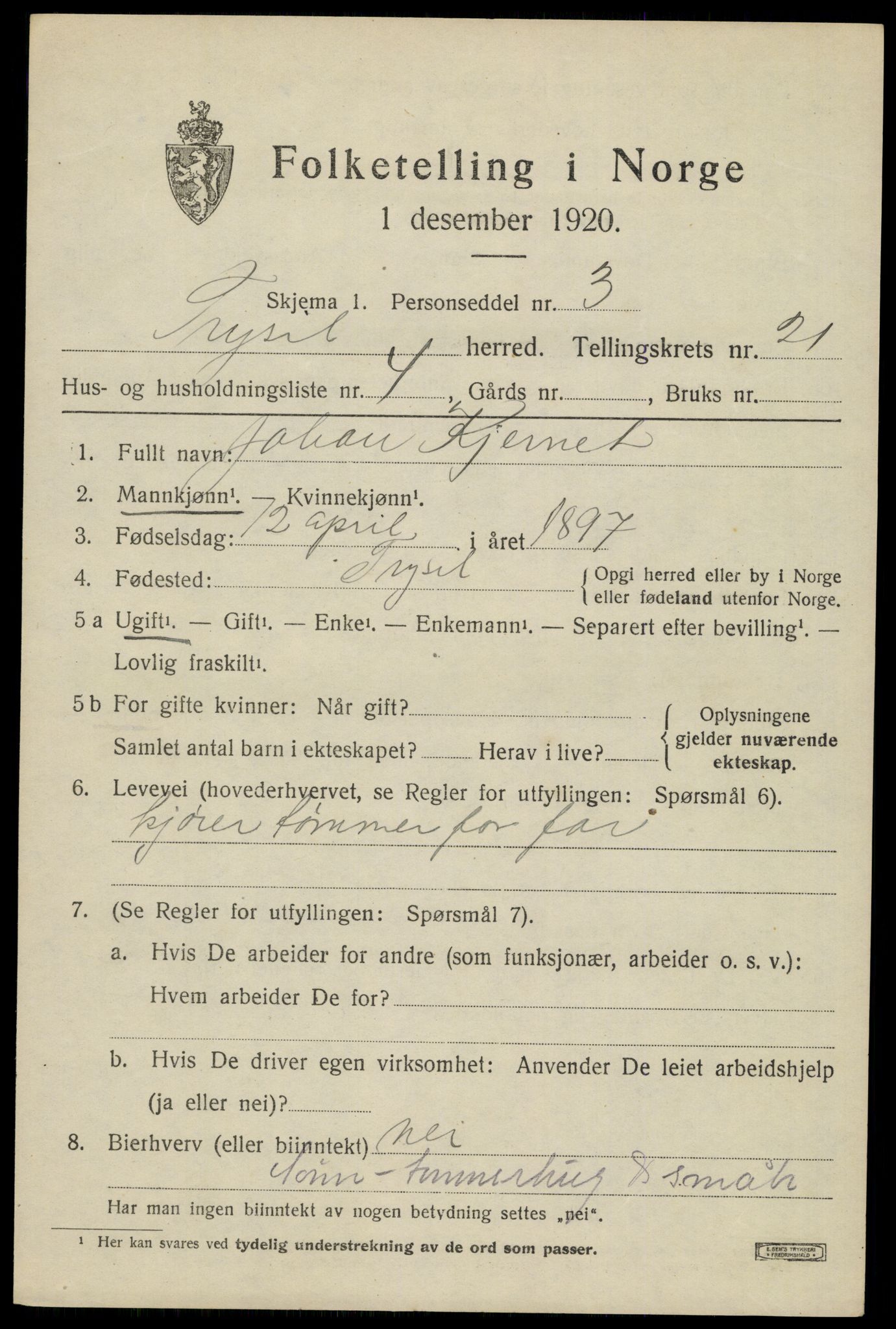 SAH, 1920 census for Trysil, 1920, p. 13801