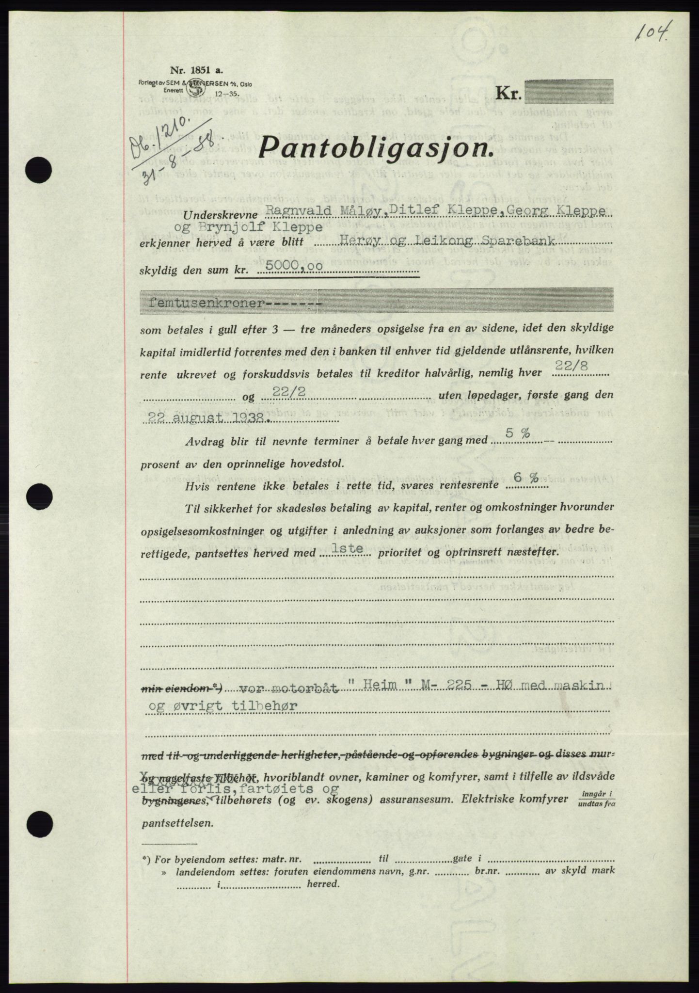 Søre Sunnmøre sorenskriveri, AV/SAT-A-4122/1/2/2C/L0066: Mortgage book no. 60, 1938-1938, Diary no: : 1210/1938