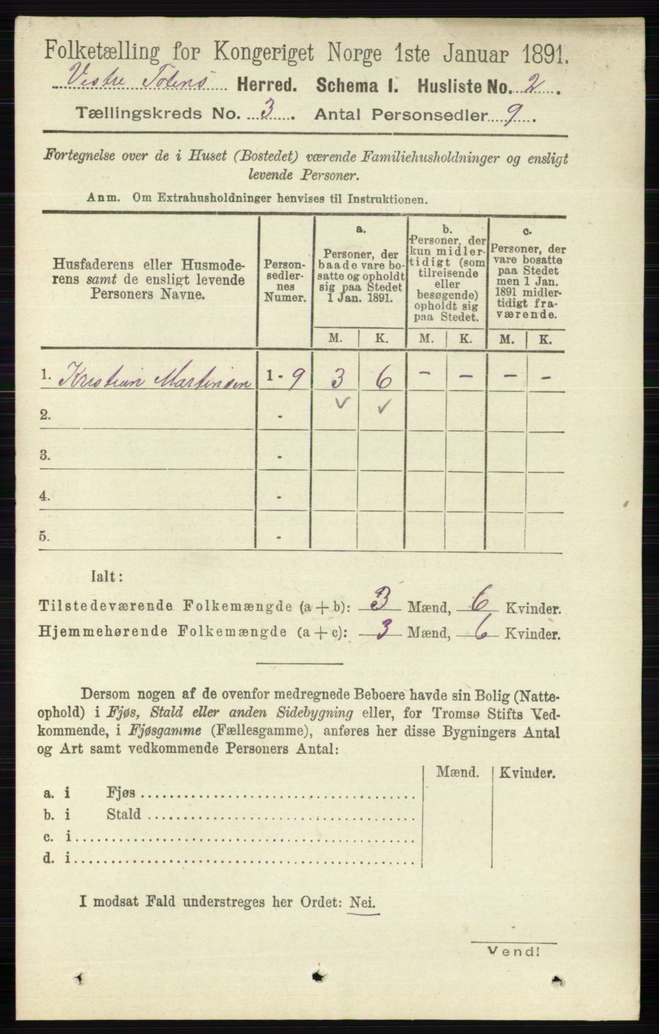 RA, 1891 census for 0529 Vestre Toten, 1891, p. 1866