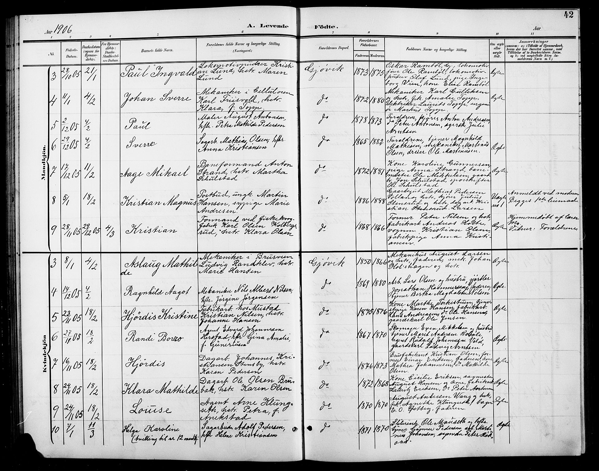 Vardal prestekontor, SAH/PREST-100/H/Ha/Hab/L0012: Parish register (copy) no. 12, 1902-1911, p. 42