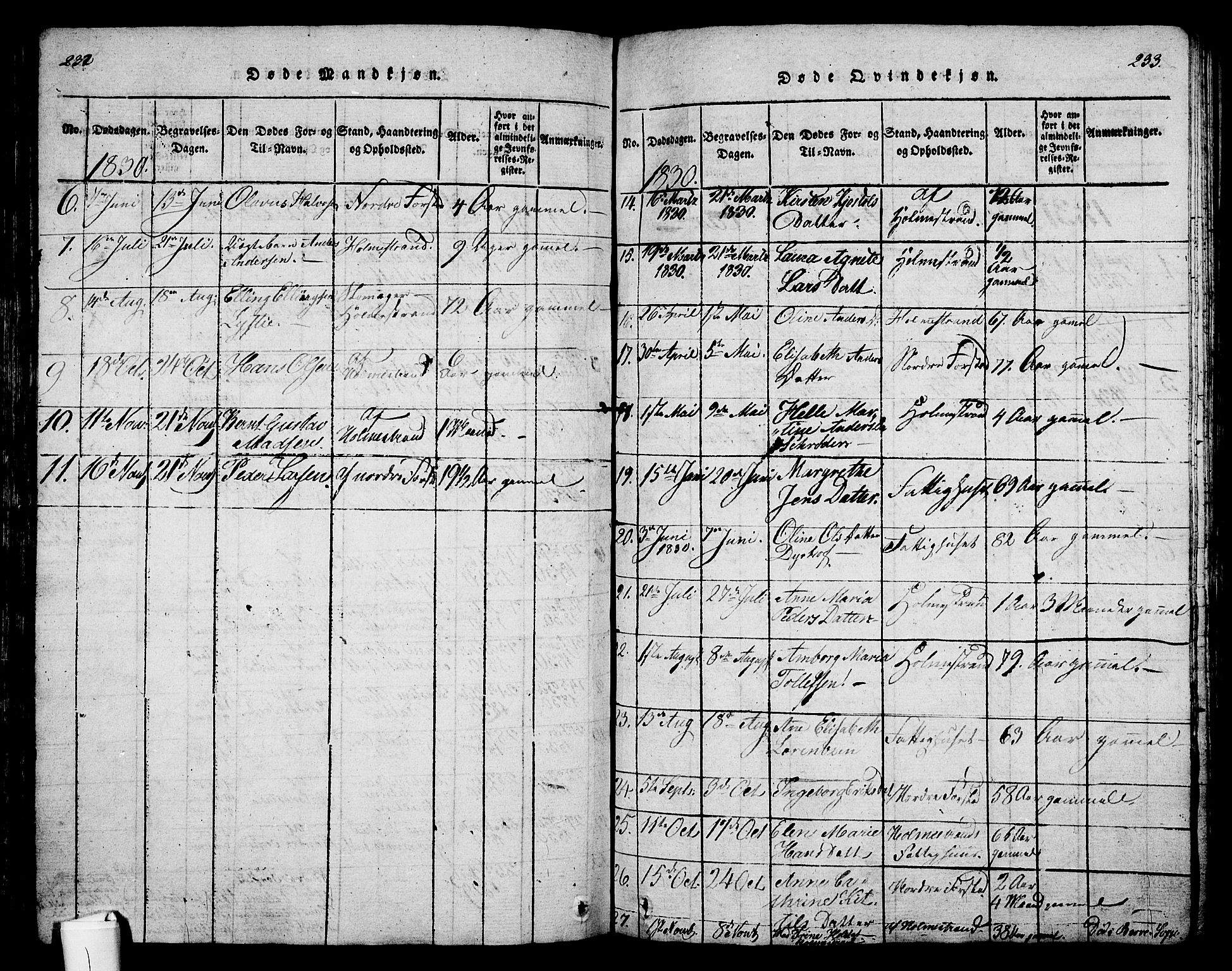Holmestrand kirkebøker, SAKO/A-346/G/Ga/L0001: Parish register (copy) no. 1, 1814-1848, p. 232-233