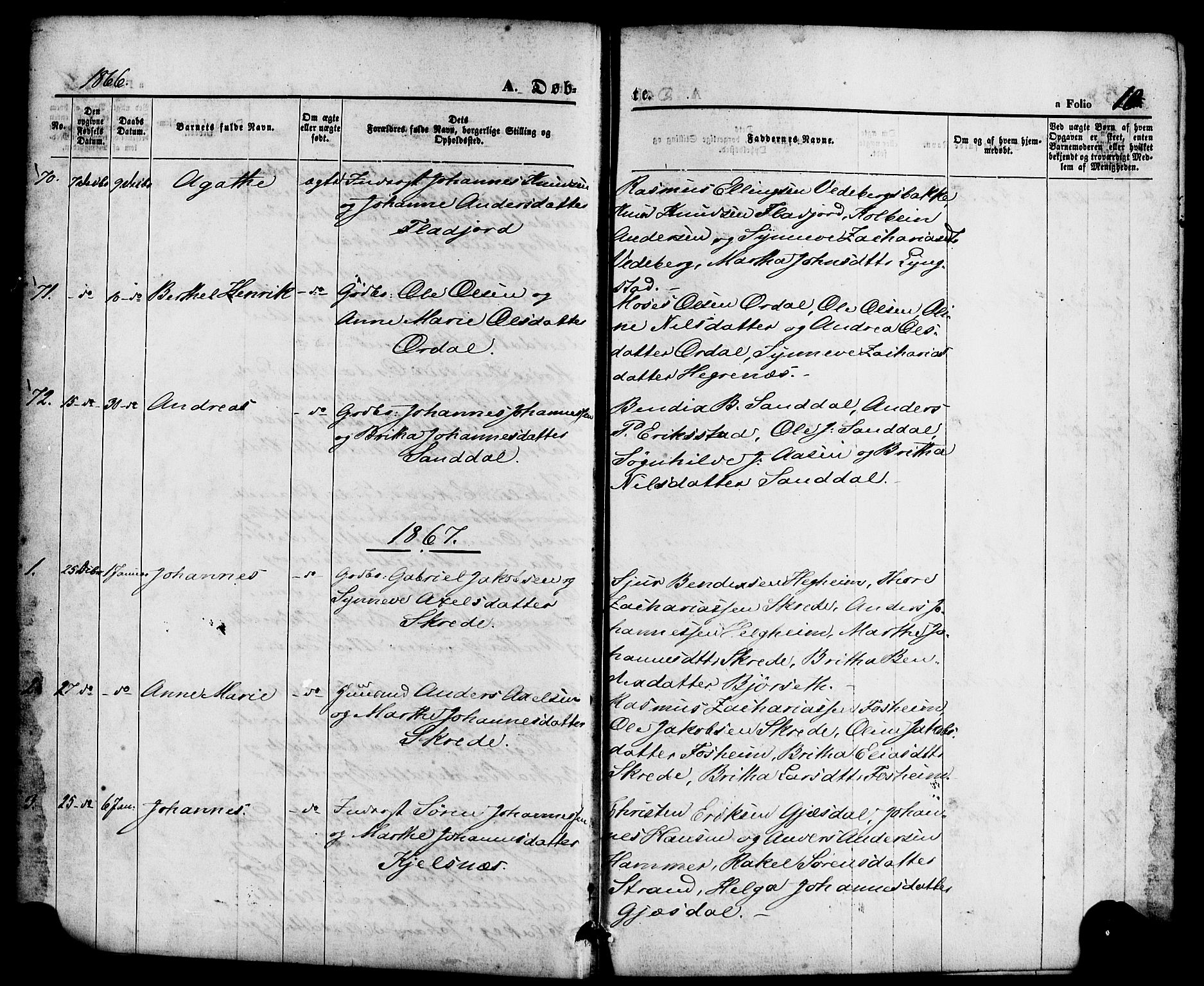 Jølster sokneprestembete, AV/SAB-A-80701/H/Haa/Haaa/L0011: Parish register (official) no. A 11, 1866-1881, p. 10