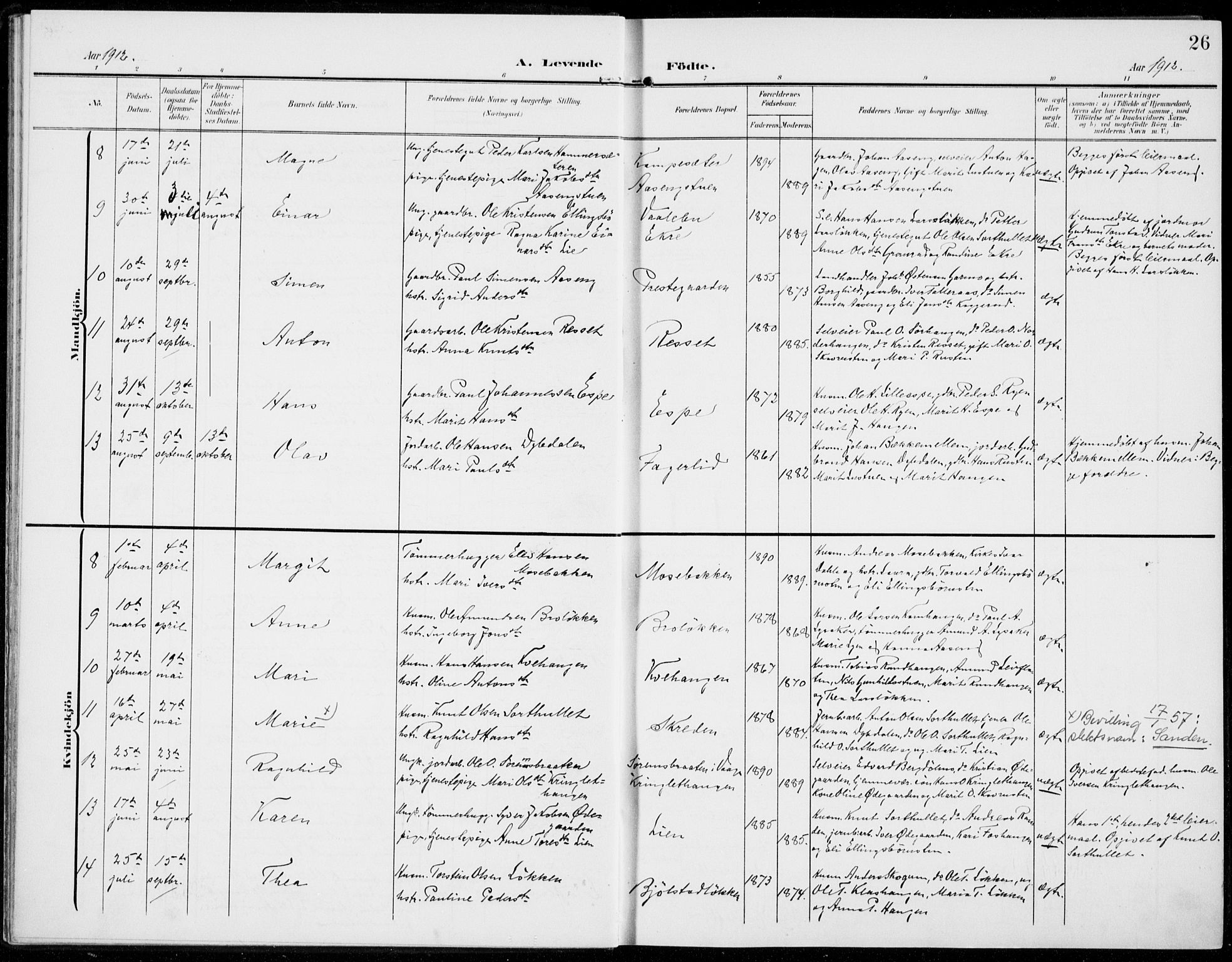 Sel prestekontor, SAH/PREST-074/H/Ha/Haa/L0001: Parish register (official) no. 1, 1905-1922, p. 26