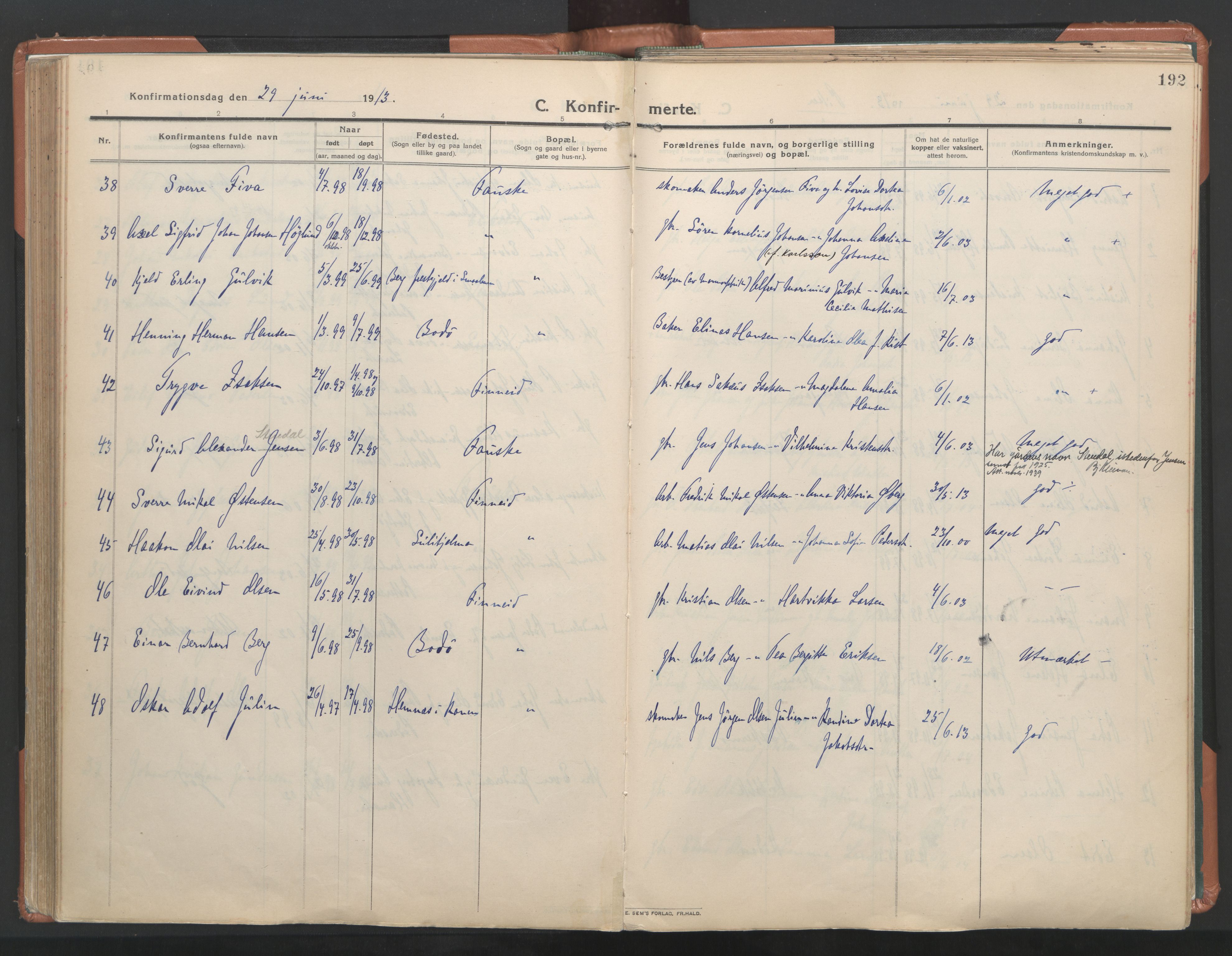 Ministerialprotokoller, klokkerbøker og fødselsregistre - Nordland, SAT/A-1459/849/L0698: Parish register (official) no. 849A09, 1911-1924, p. 192