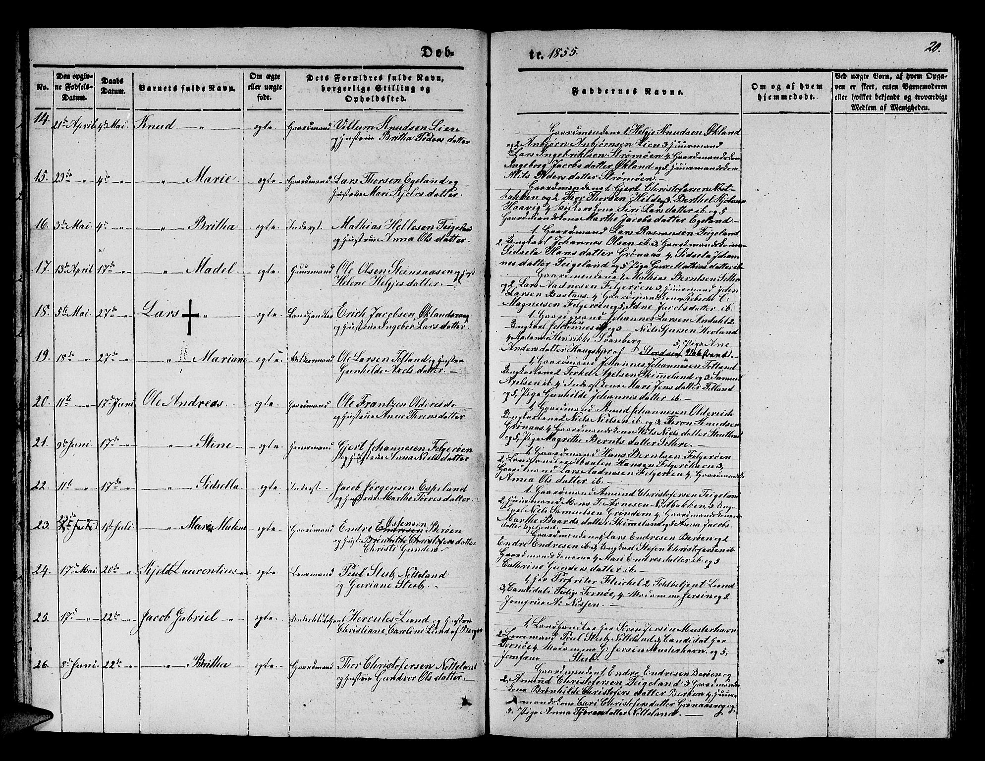 Finnås sokneprestembete, SAB/A-99925/H/Ha/Hab/Haba/L0001: Parish register (copy) no. A 1, 1851-1873, p. 20