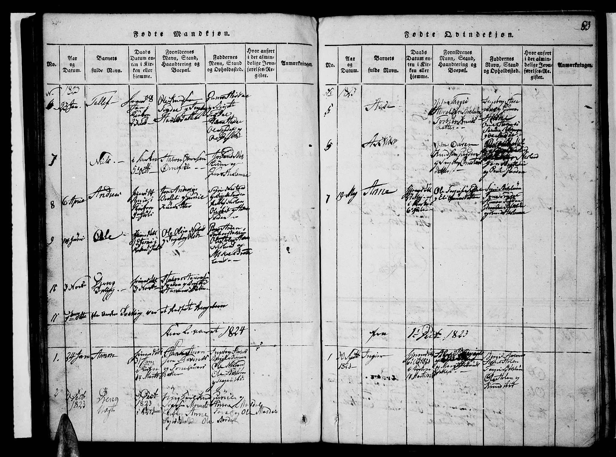 Valle sokneprestkontor, AV/SAK-1111-0044/F/Fb/Fbc/L0001: Parish register (copy) no. B 1 /3, 1816-1829, p. 83