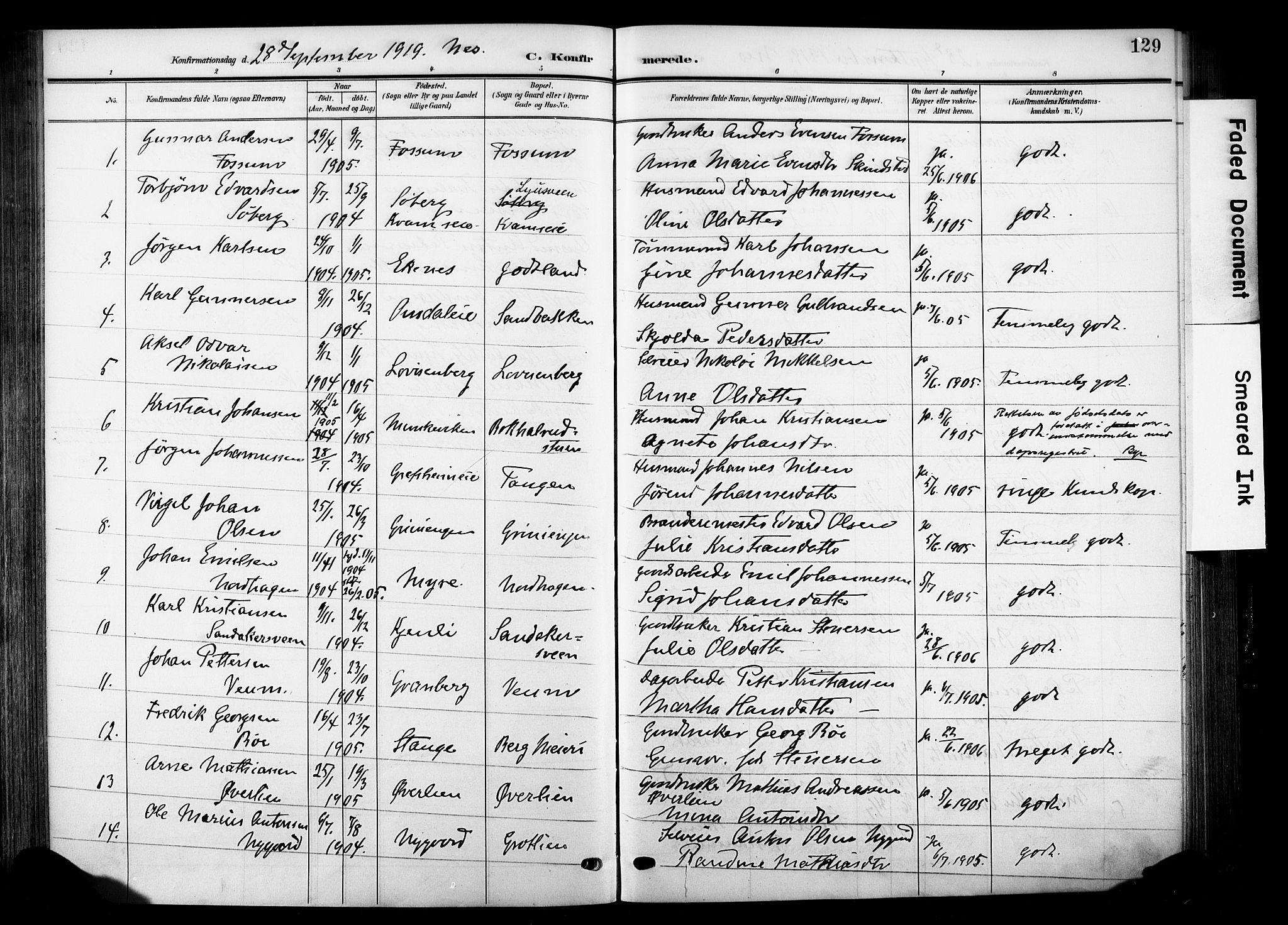 Nes prestekontor, Hedmark, AV/SAH-PREST-020/K/Ka/L0014: Parish register (official) no. 14, 1906-1929, p. 129
