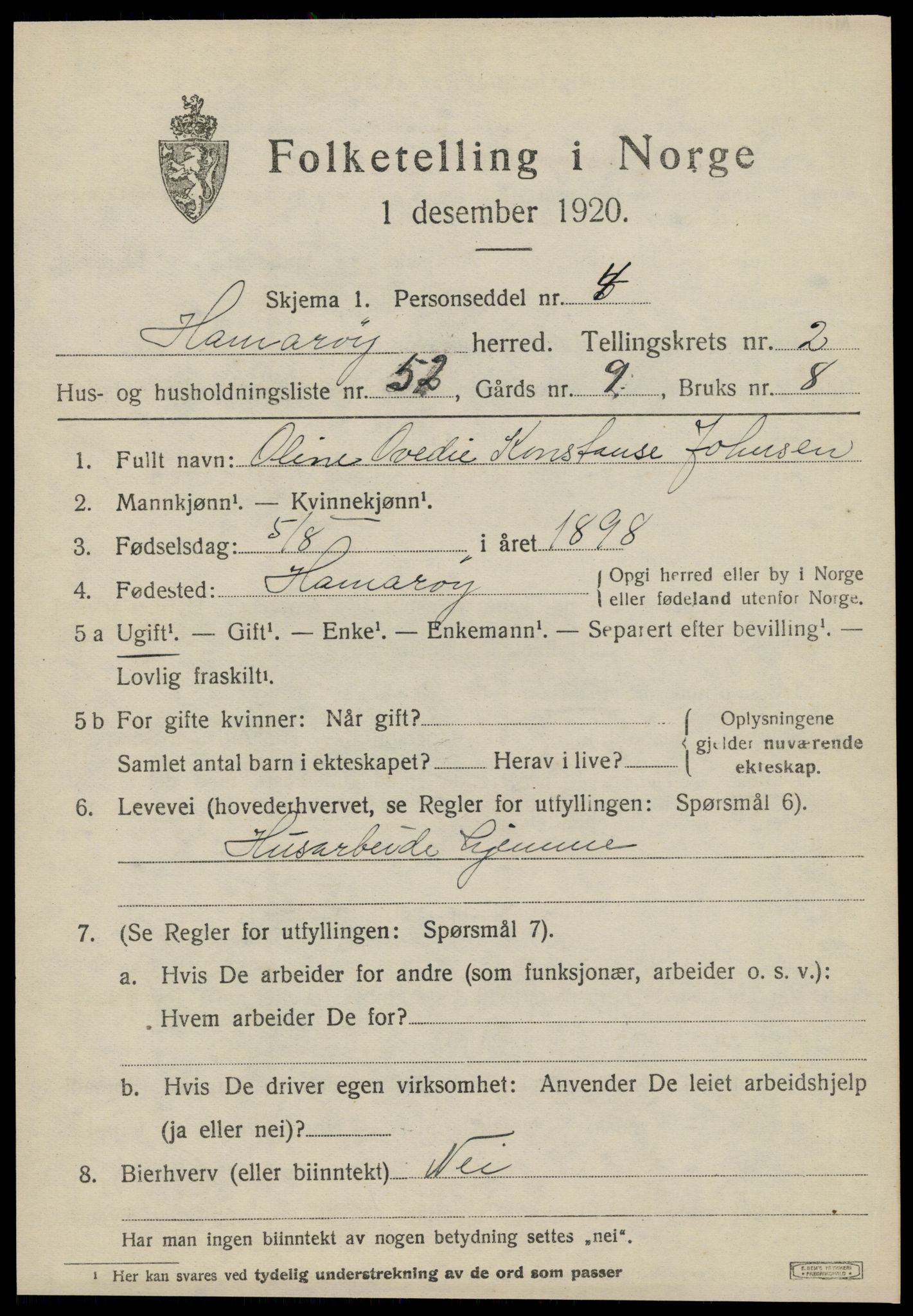 SAT, 1920 census for Hamarøy, 1920, p. 2098