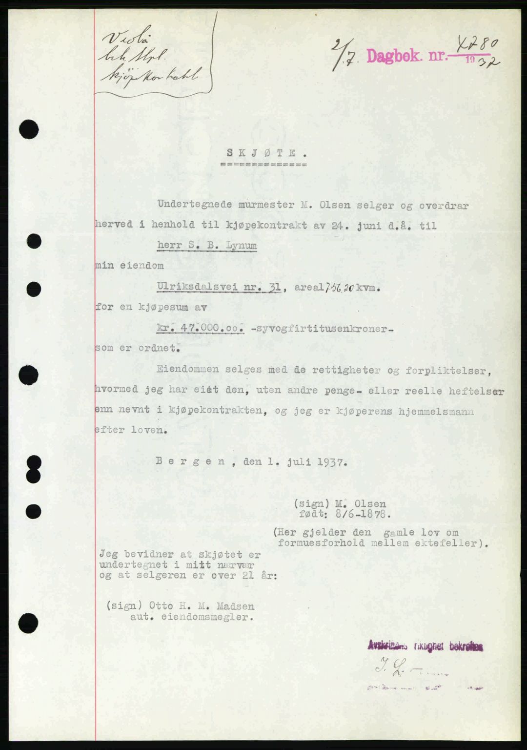 Byfogd og Byskriver i Bergen, AV/SAB-A-3401/03/03Bc/L0005: Mortgage book no. A4, 1937-1937, Diary no: : 4780/1937