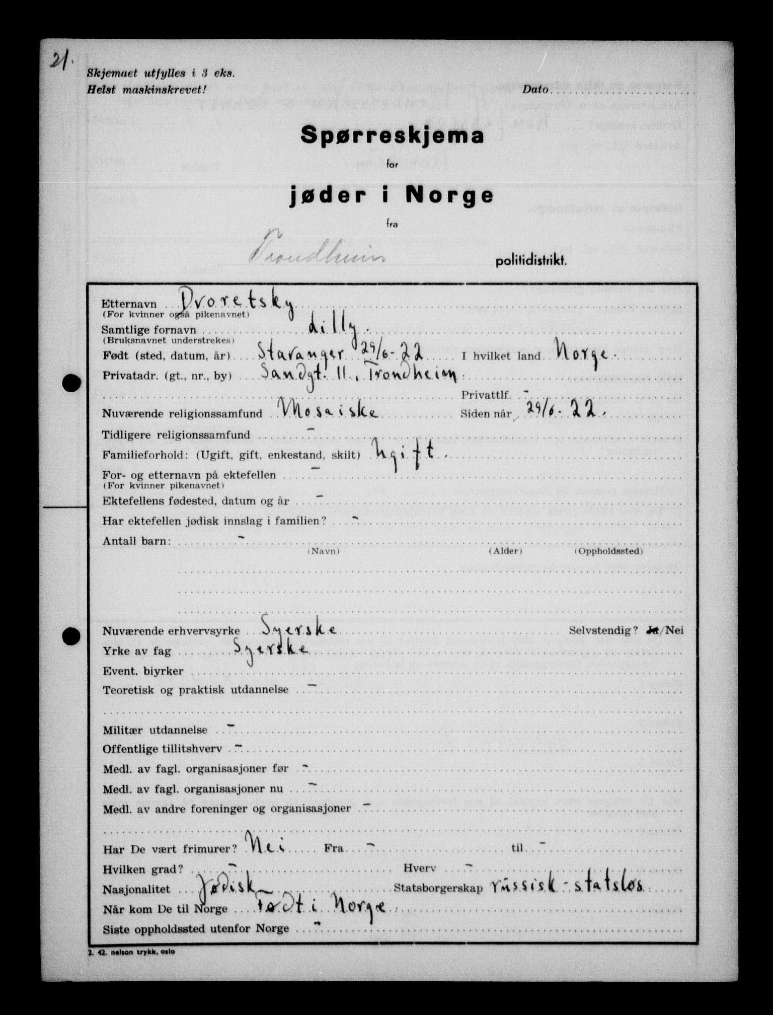 Statspolitiet - Hovedkontoret / Osloavdelingen, AV/RA-S-1329/G/Ga/L0013: Spørreskjema for jøder i Norge. 1: Sandefjord-Trondheim. 2: Tønsberg- Ålesund.  3: Skriv vedr. jøder A-H.  , 1942-1943, p. 212