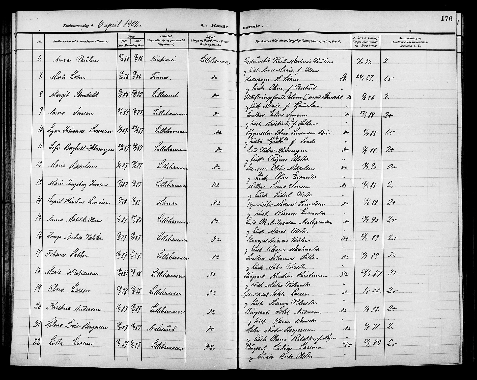 Lillehammer prestekontor, AV/SAH-PREST-088/H/Ha/Hab/L0001: Parish register (copy) no. 1, 1901-1913, p. 176