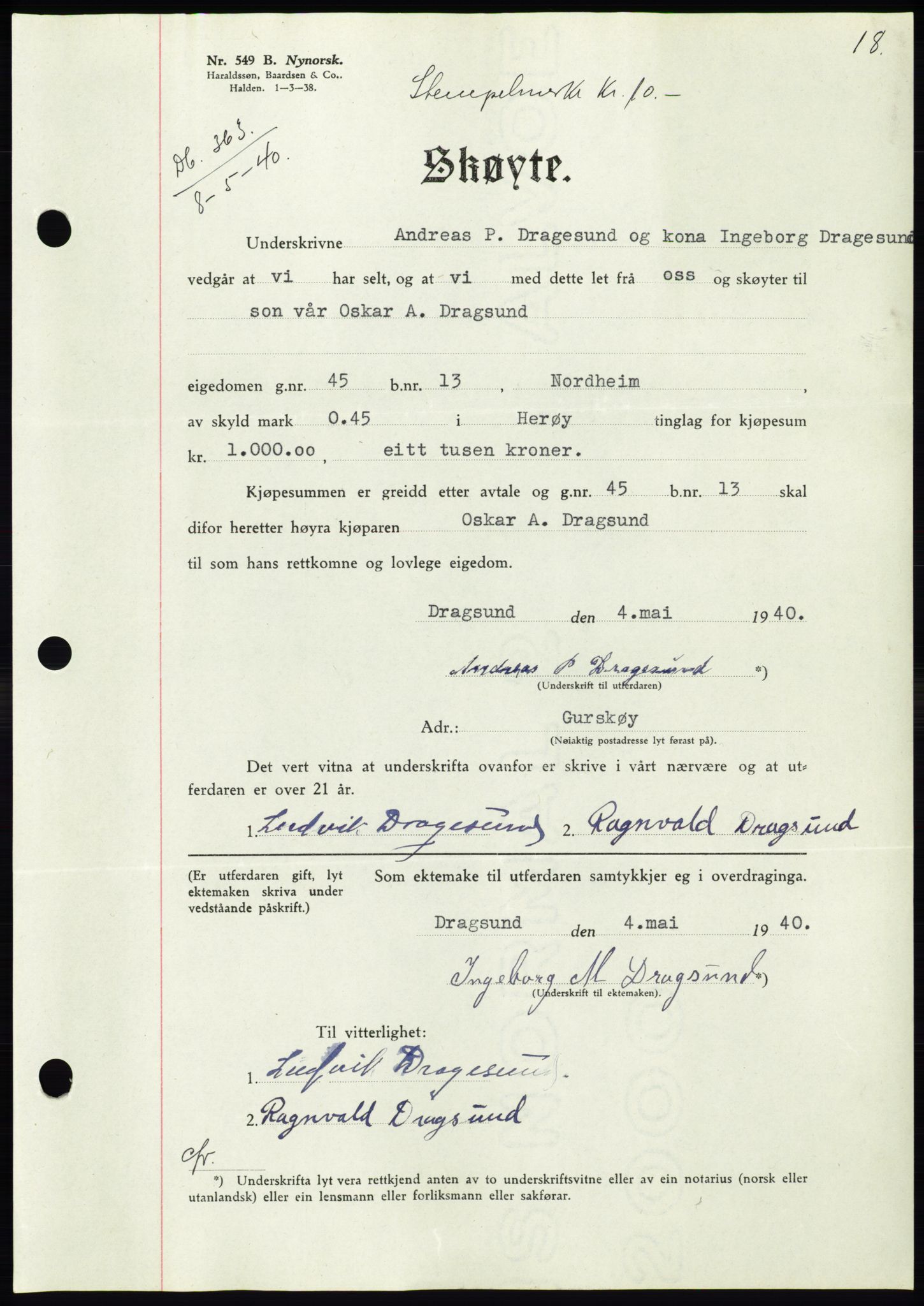 Søre Sunnmøre sorenskriveri, AV/SAT-A-4122/1/2/2C/L0070: Mortgage book no. 64, 1940-1941, Diary no: : 363/1940