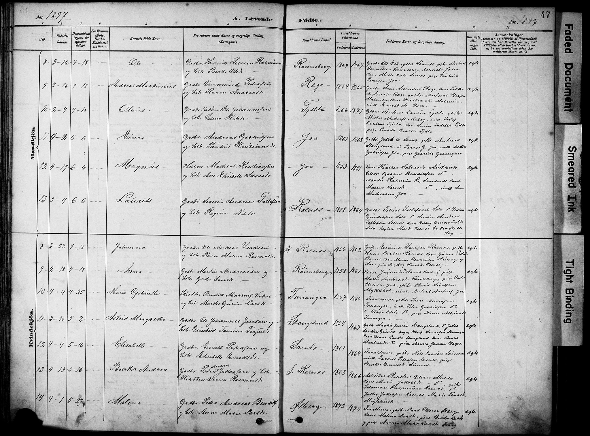 Håland sokneprestkontor, AV/SAST-A-101802/001/30BA/L0012: Parish register (official) no. A 11, 1889-1900, p. 47