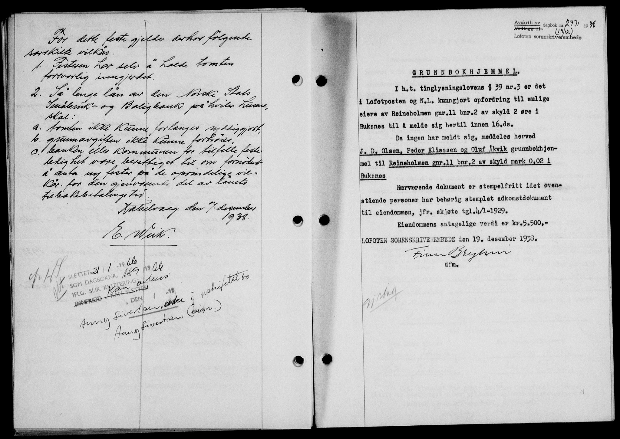 Lofoten sorenskriveri, SAT/A-0017/1/2/2C/L0005a: Mortgage book no. 5a, 1939-1939, Diary no: : 2771/1938