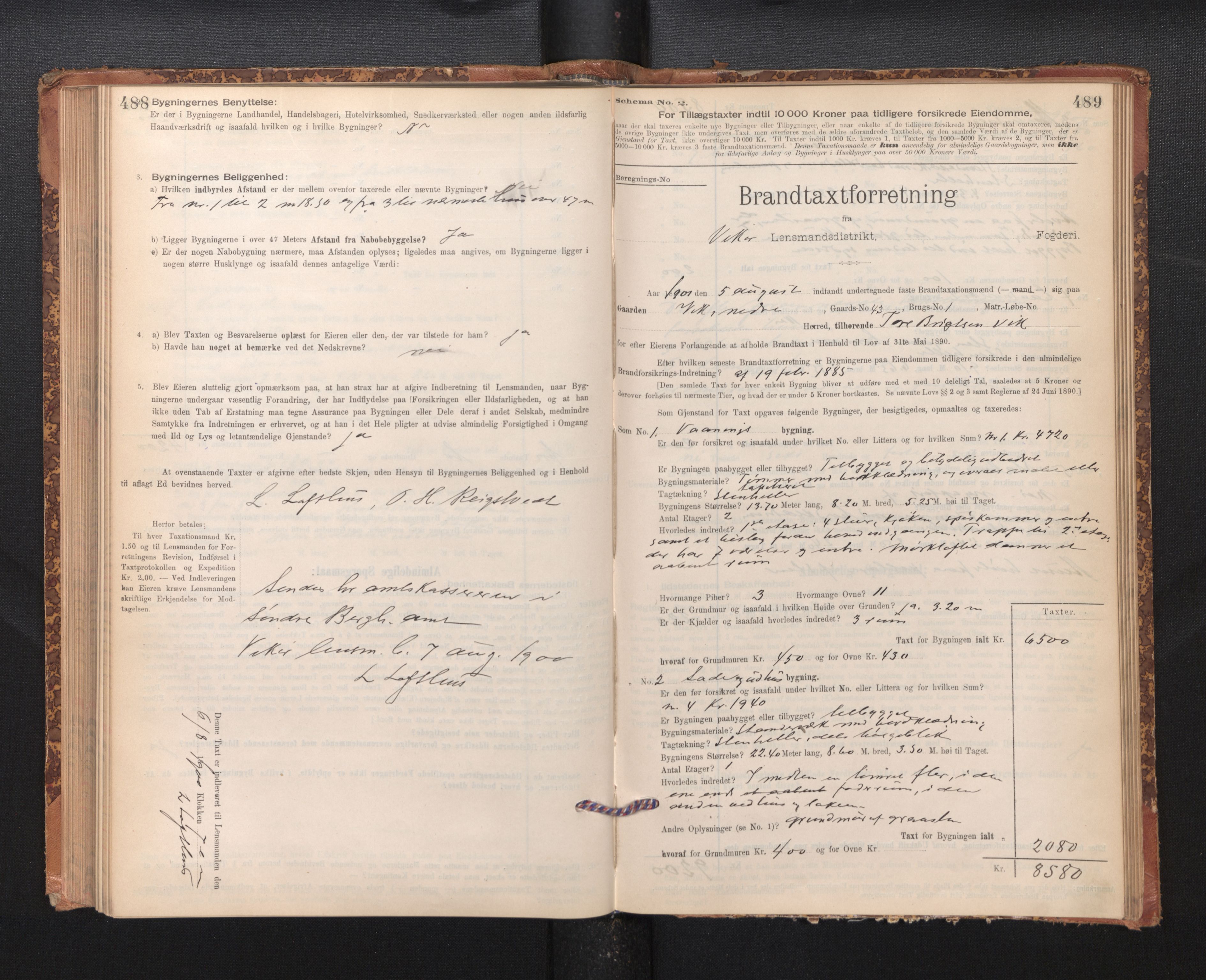 Lensmannen i Kvam, SAB/A-33201/0012/L0005: Branntakstprotokoll, skjematakst, 1894-1913, p. 488-489