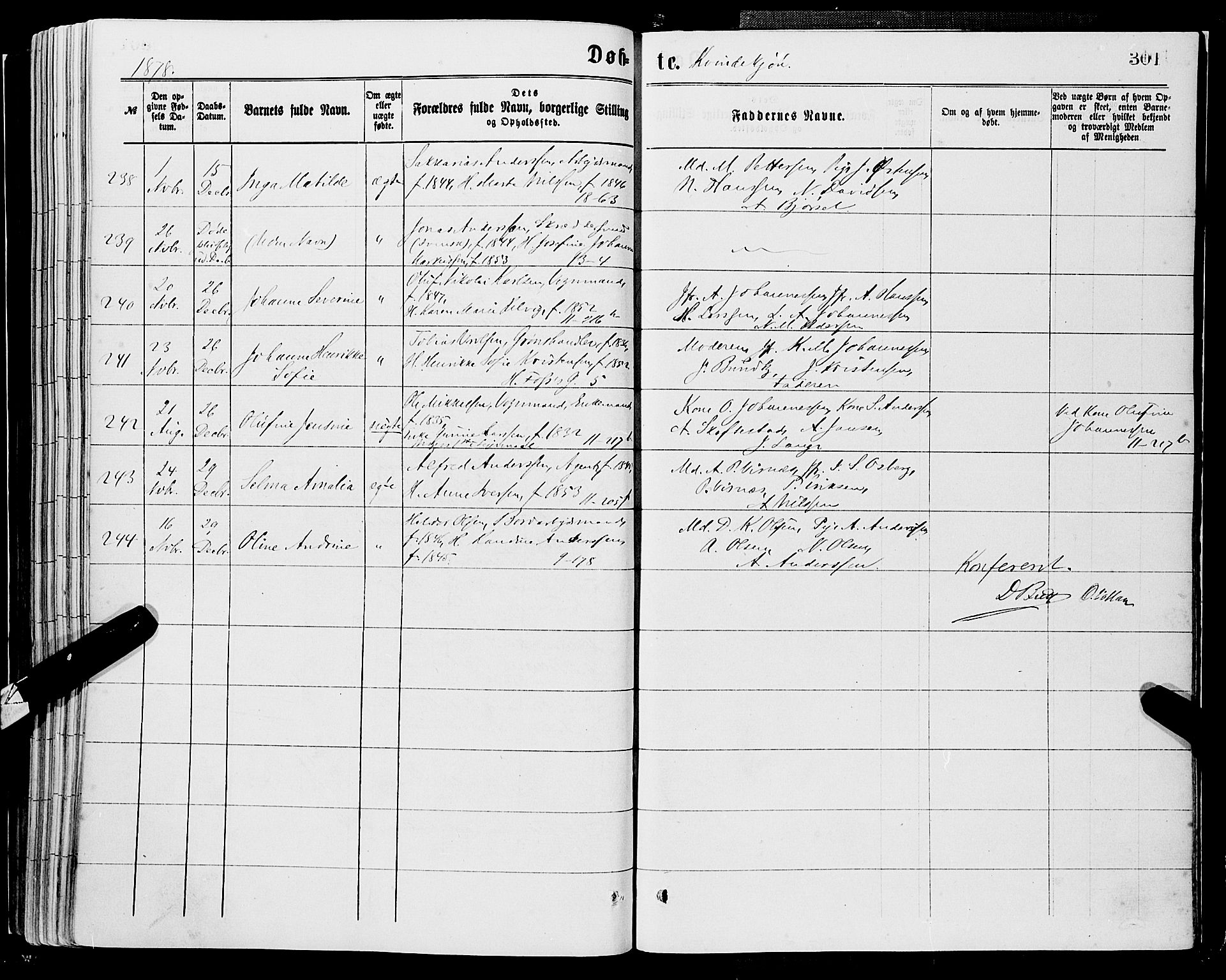 Domkirken sokneprestembete, SAB/A-74801/H/Haa/L0022: Parish register (official) no. B 5, 1872-1878, p. 301