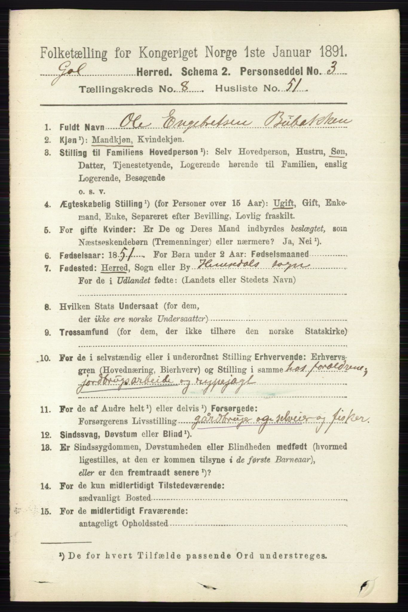 RA, 1891 census for 0617 Gol og Hemsedal, 1891, p. 3295