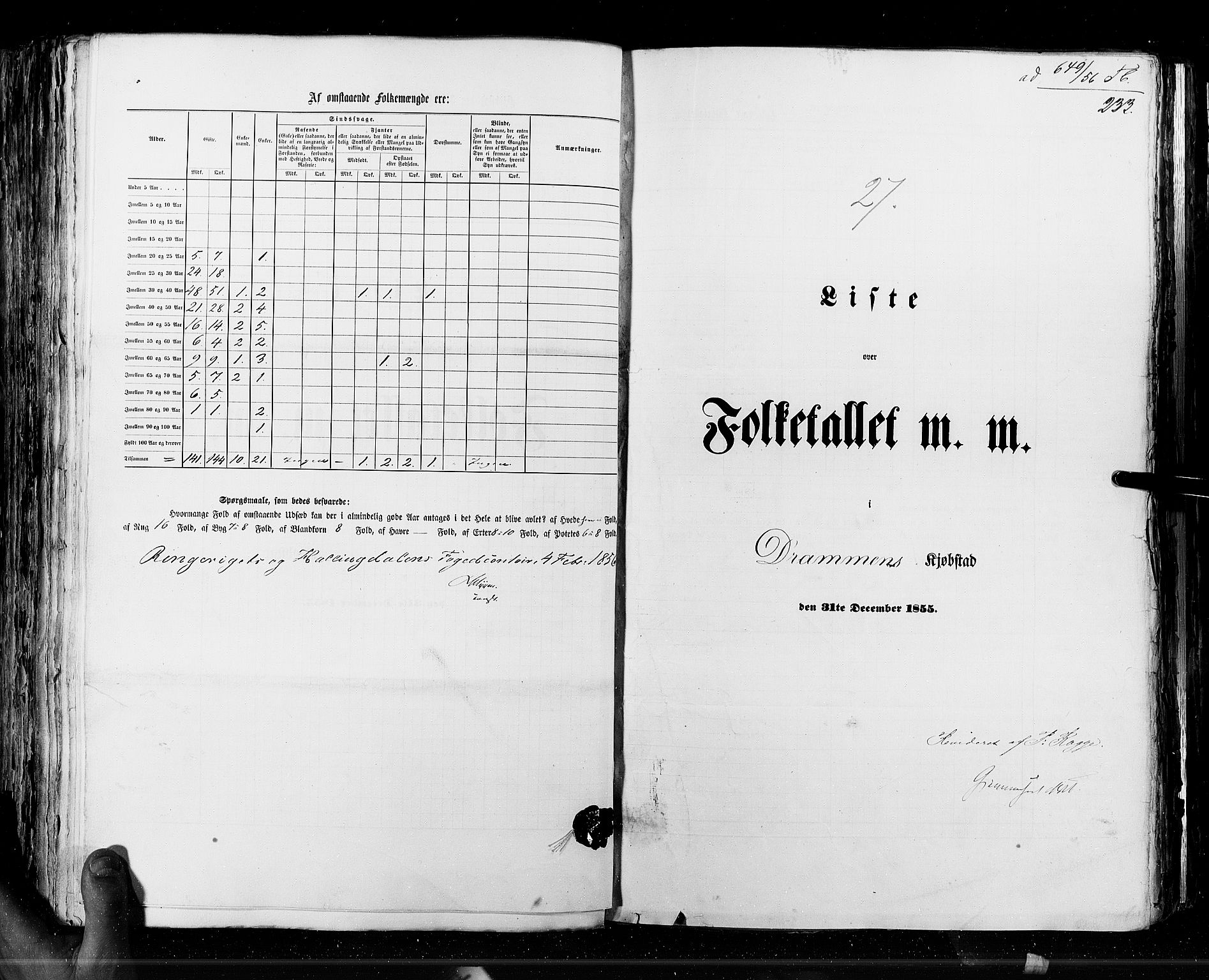 RA, Census 1855, vol. 7: Fredrikshald-Kragerø, 1855, p. 233