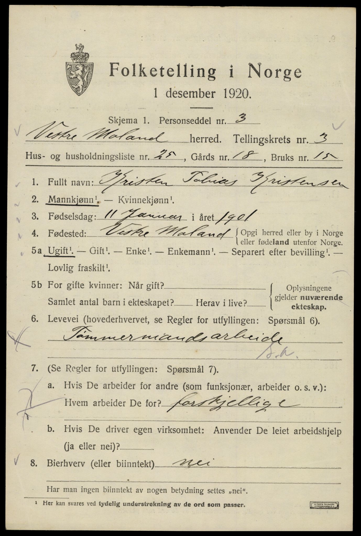 SAK, 1920 census for Vestre Moland, 1920, p. 3565