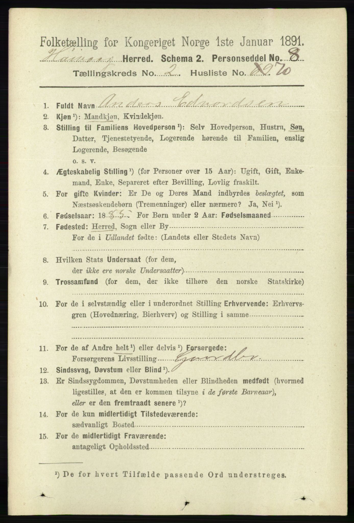 RA, 1891 census for 0927 Høvåg, 1891, p. 911