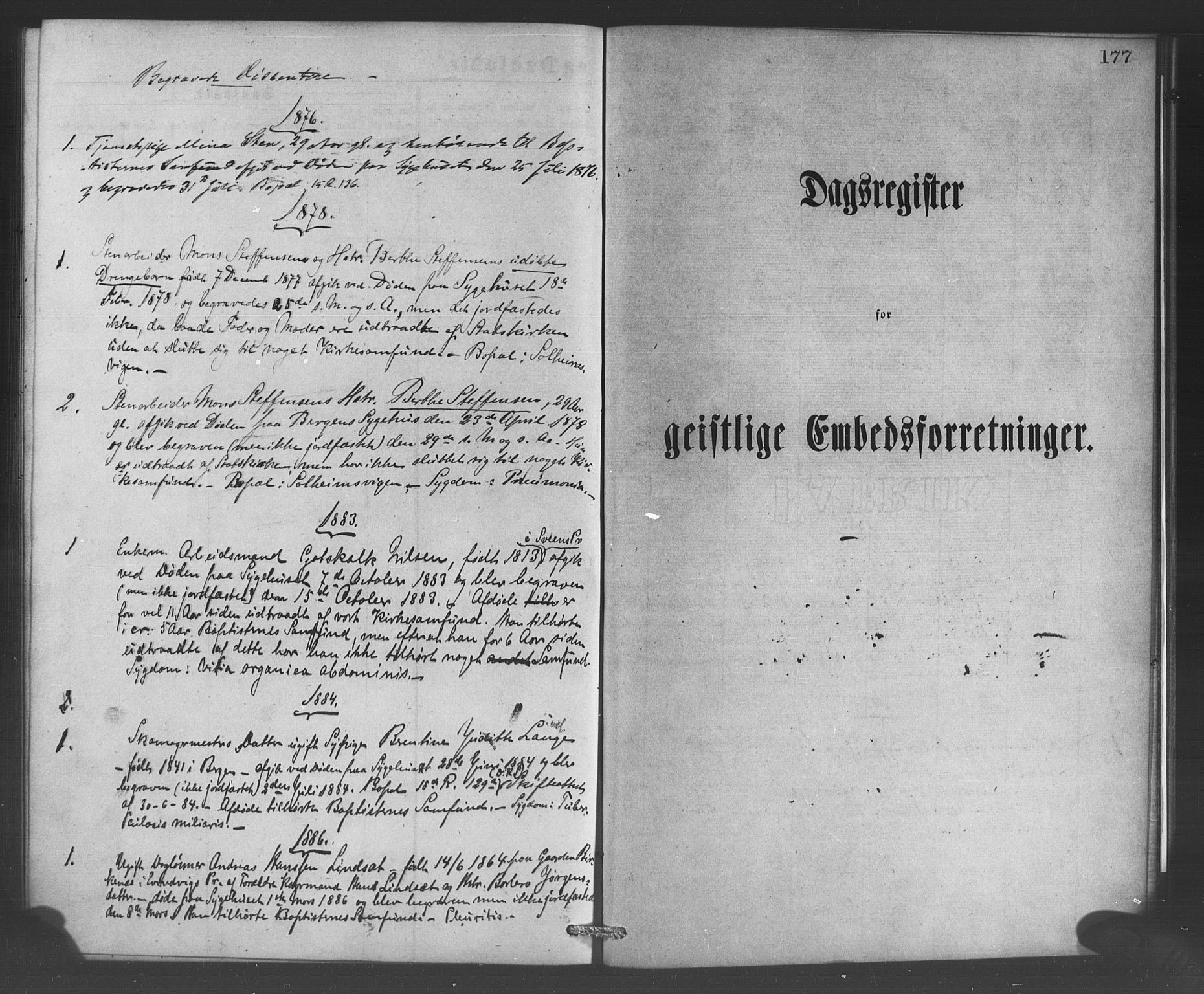 Bergen kommunale pleiehjem - stiftelsespresten, SAB/A-100281: Parish register (official) no. A 1, 1874-1886, p. 177