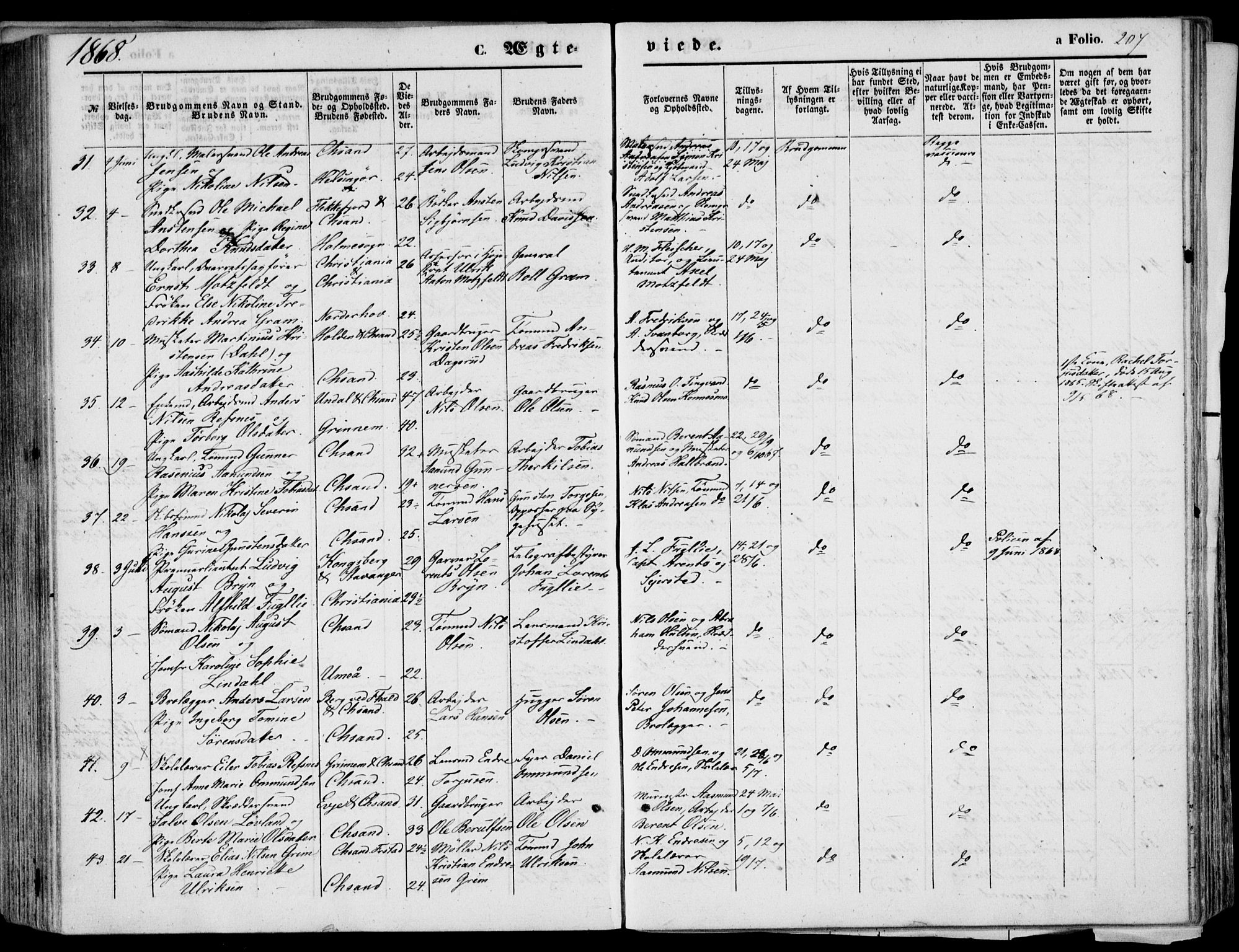 Kristiansand domprosti, AV/SAK-1112-0006/F/Fb/L0012: Parish register (copy) no. B 12, 1861-1870, p. 207