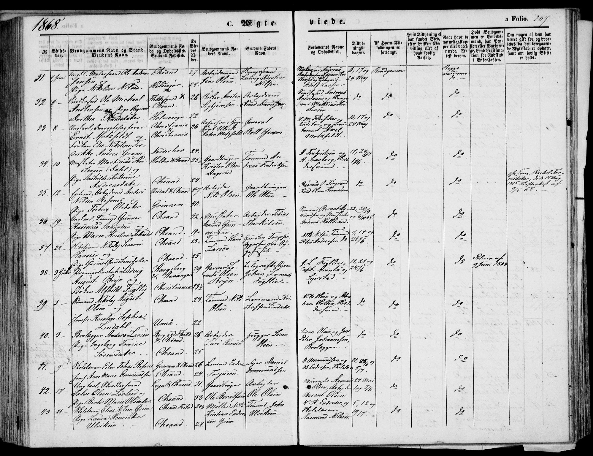 Kristiansand domprosti, SAK/1112-0006/F/Fb/L0012: Parish register (copy) no. B 12, 1861-1870, p. 207