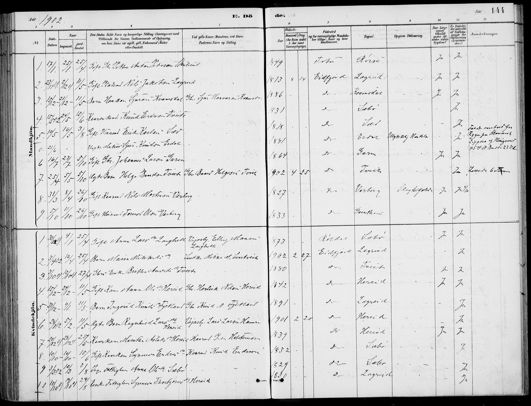 Ulvik sokneprestembete, AV/SAB-A-78801/H/Haa: Parish register (official) no. D  1, 1878-1903, p. 144