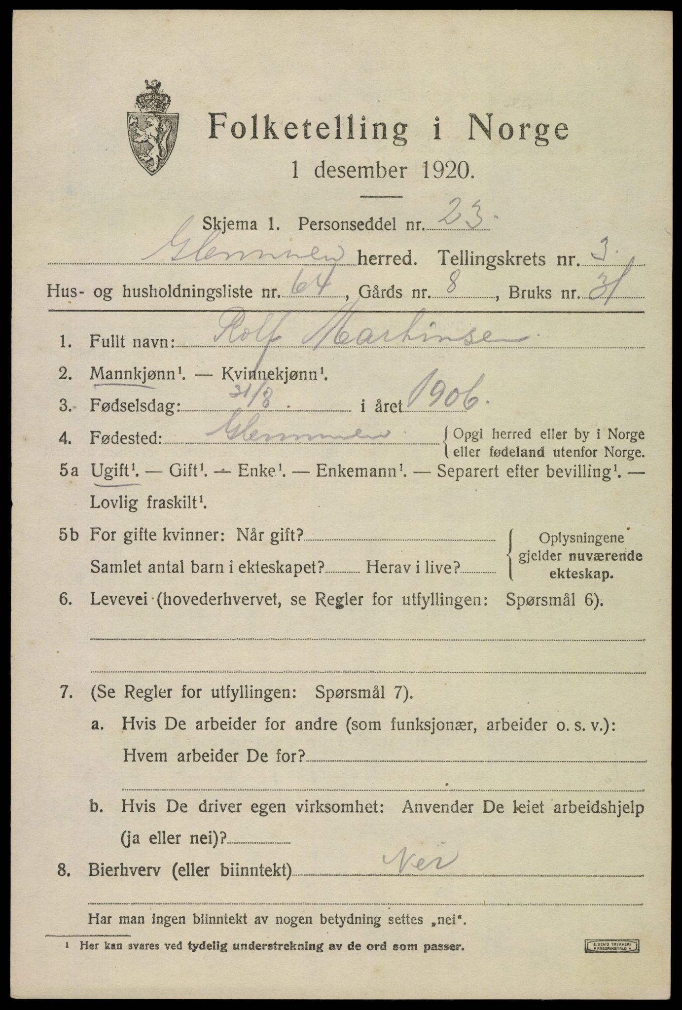 SAO, 1920 census for Glemmen, 1920, p. 7303