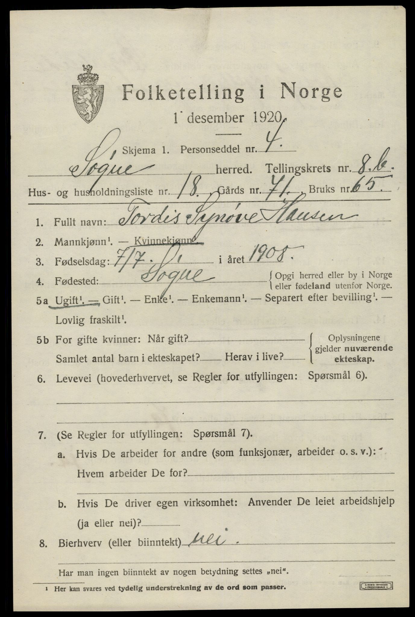 SAK, 1920 census for Søgne, 1920, p. 4789