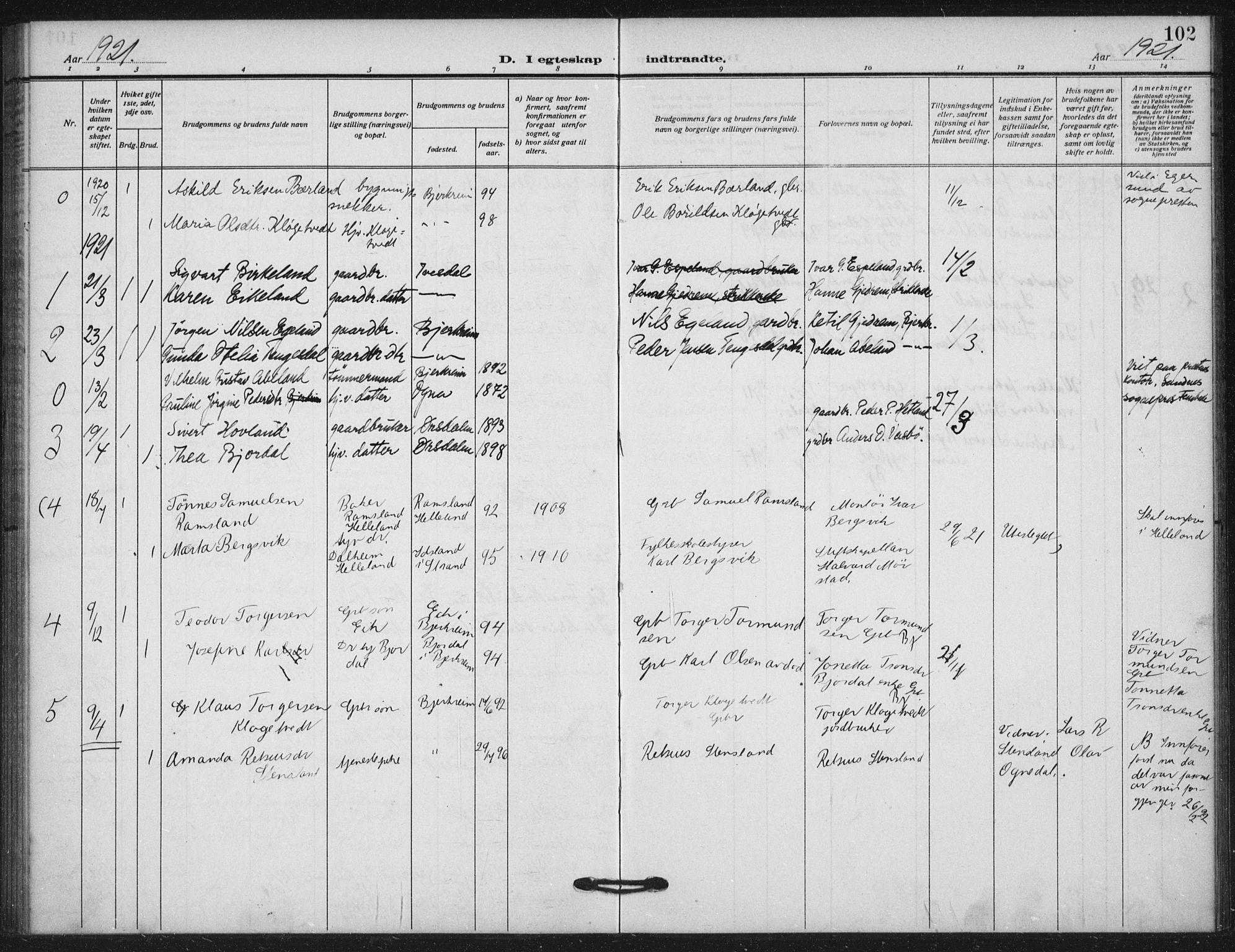 Helleland sokneprestkontor, SAST/A-101810: Parish register (official) no. A 11, 1909-1922, p. 102