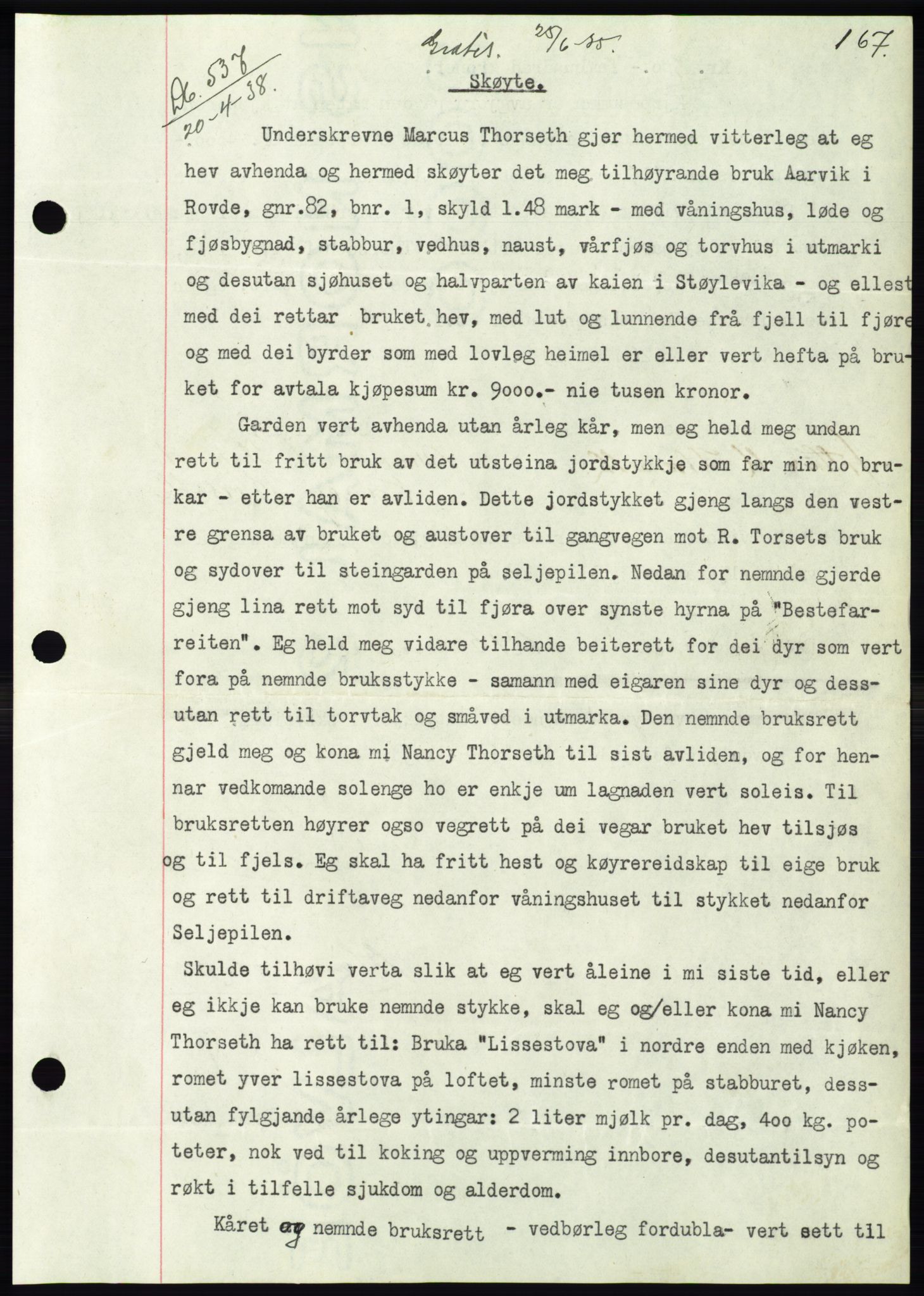 Søre Sunnmøre sorenskriveri, AV/SAT-A-4122/1/2/2C/L0065: Mortgage book no. 59, 1938-1938, Diary no: : 537/1938