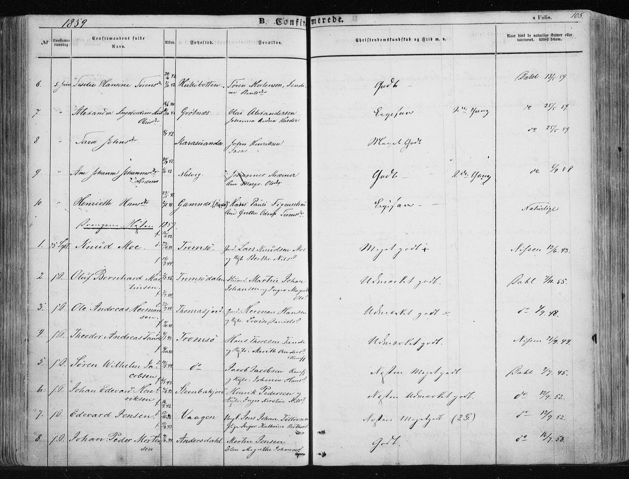 Tromsøysund sokneprestkontor, AV/SATØ-S-1304/G/Ga/L0001kirke: Parish register (official) no. 1, 1856-1867, p. 105