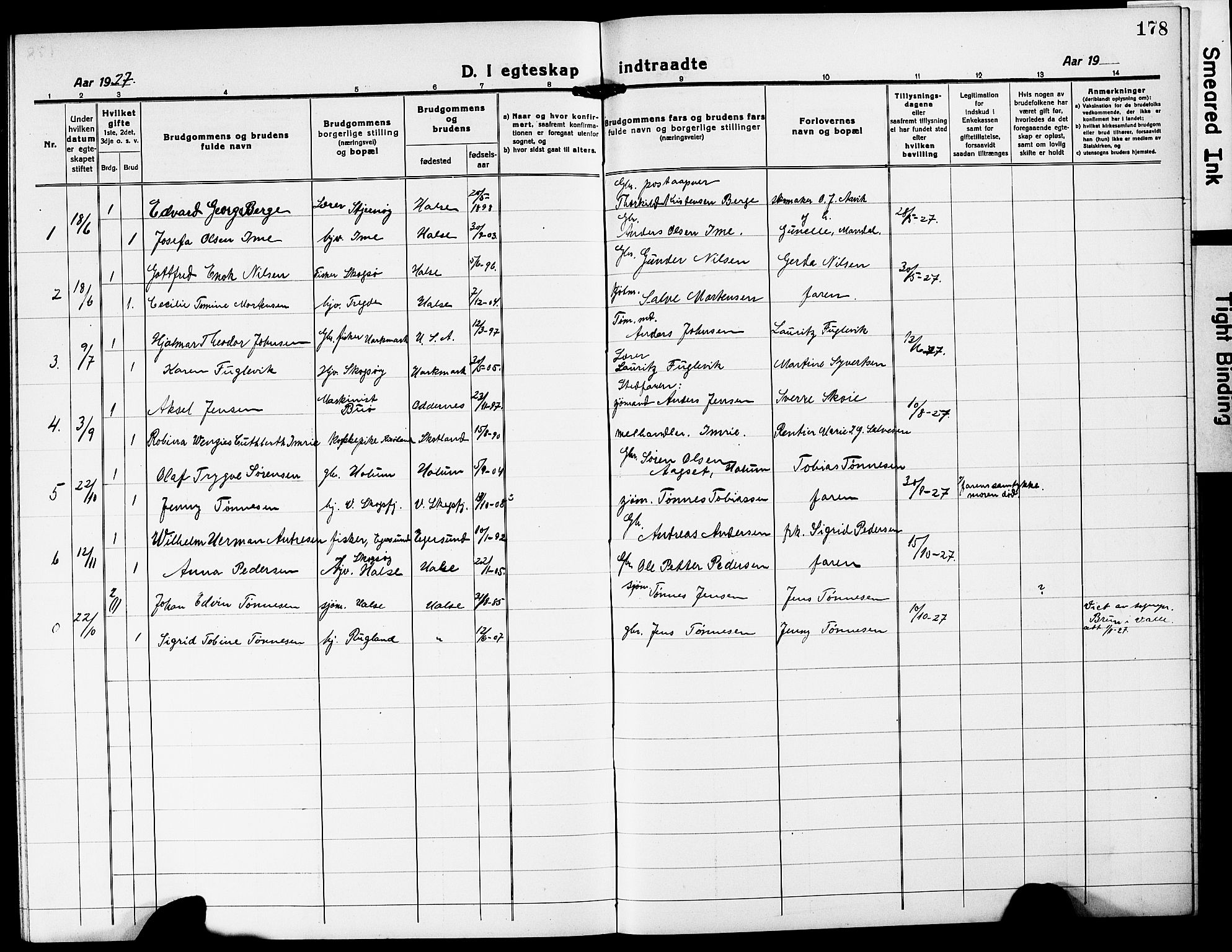 Mandal sokneprestkontor, SAK/1111-0030/F/Fb/Fba/L0013: Parish register (copy) no. B 7, 1918-1931, p. 178