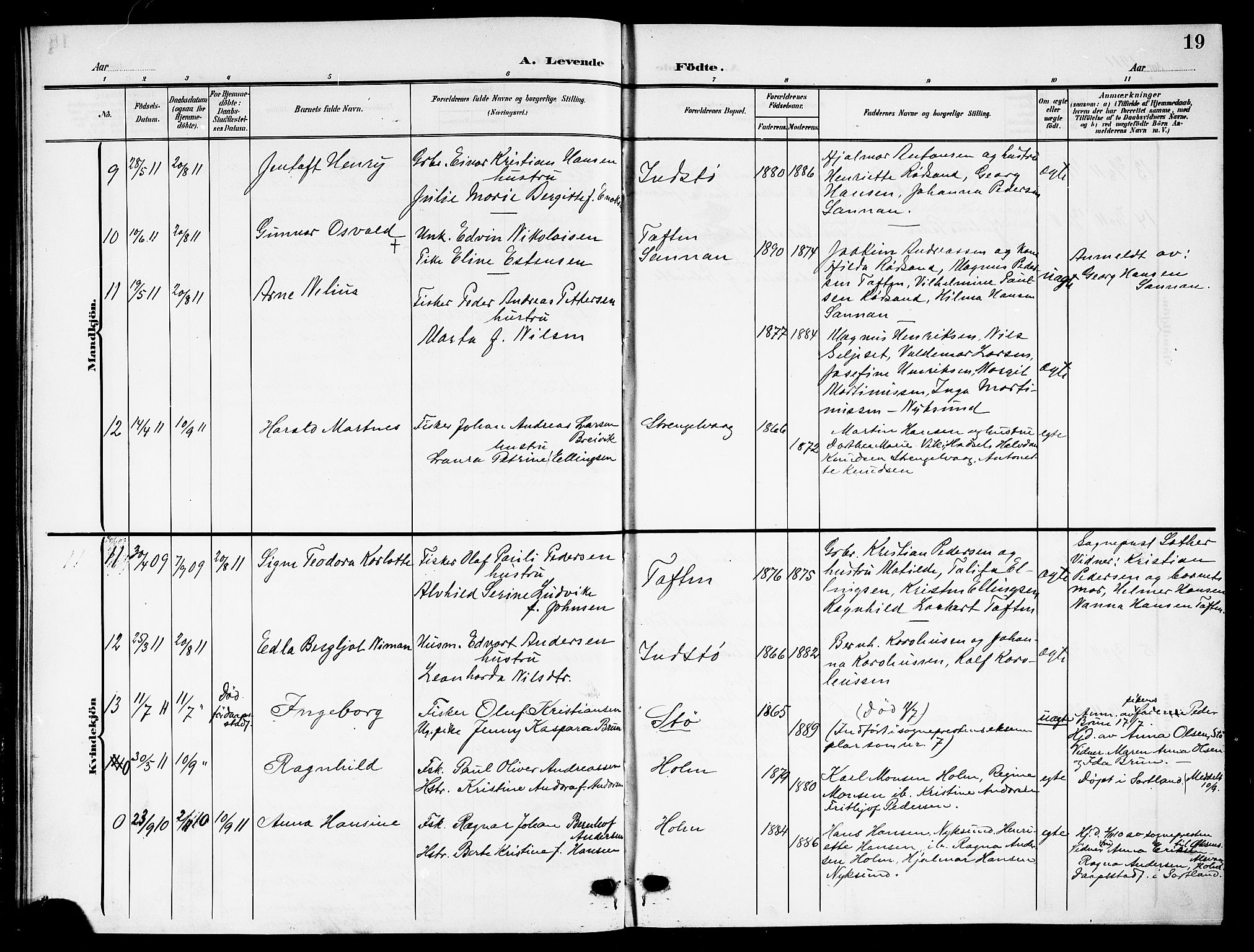 Ministerialprotokoller, klokkerbøker og fødselsregistre - Nordland, AV/SAT-A-1459/894/L1361: Parish register (copy) no. 894C04, 1905-1922, p. 19