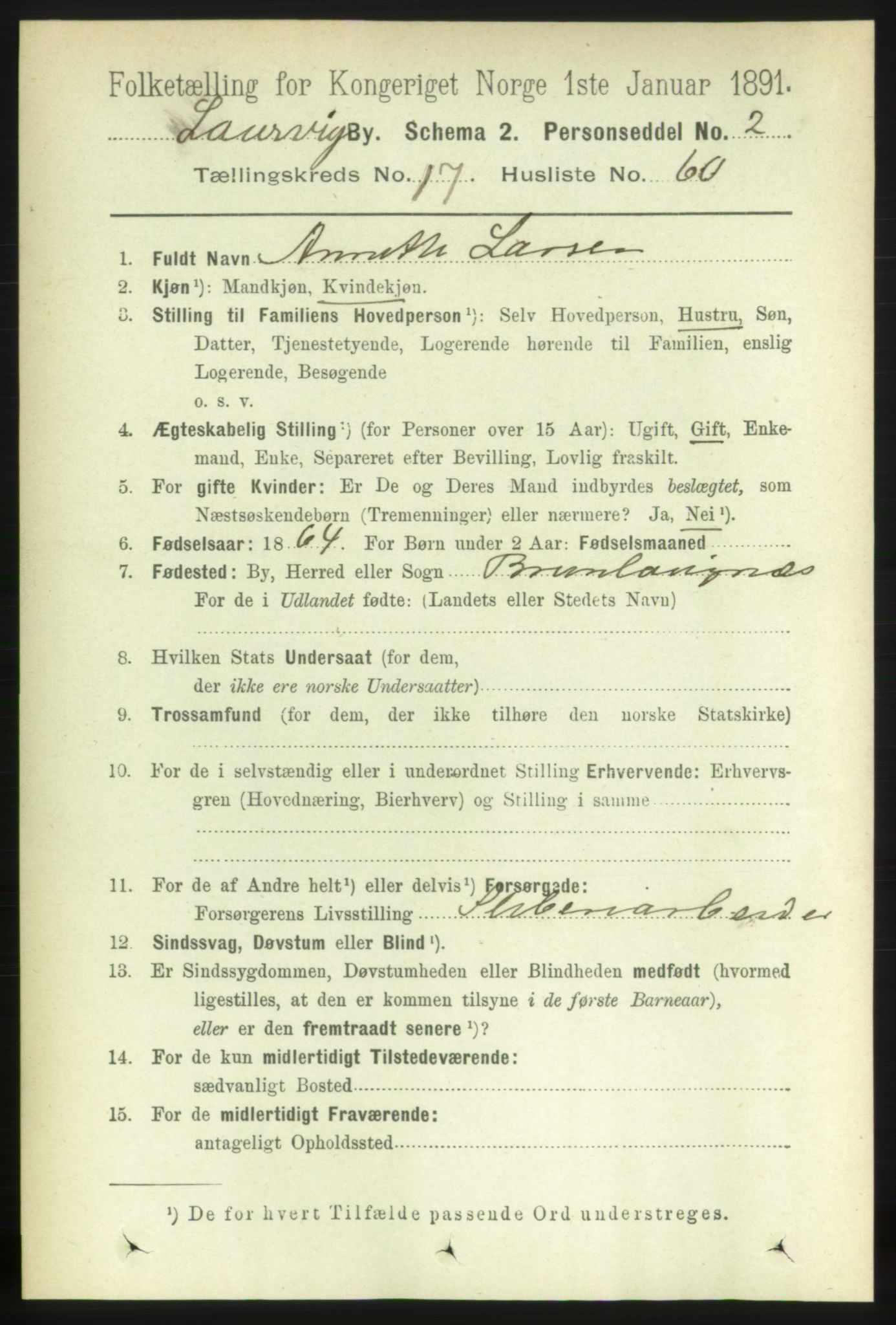 RA, 1891 census for 0707 Larvik, 1891, p. 12840