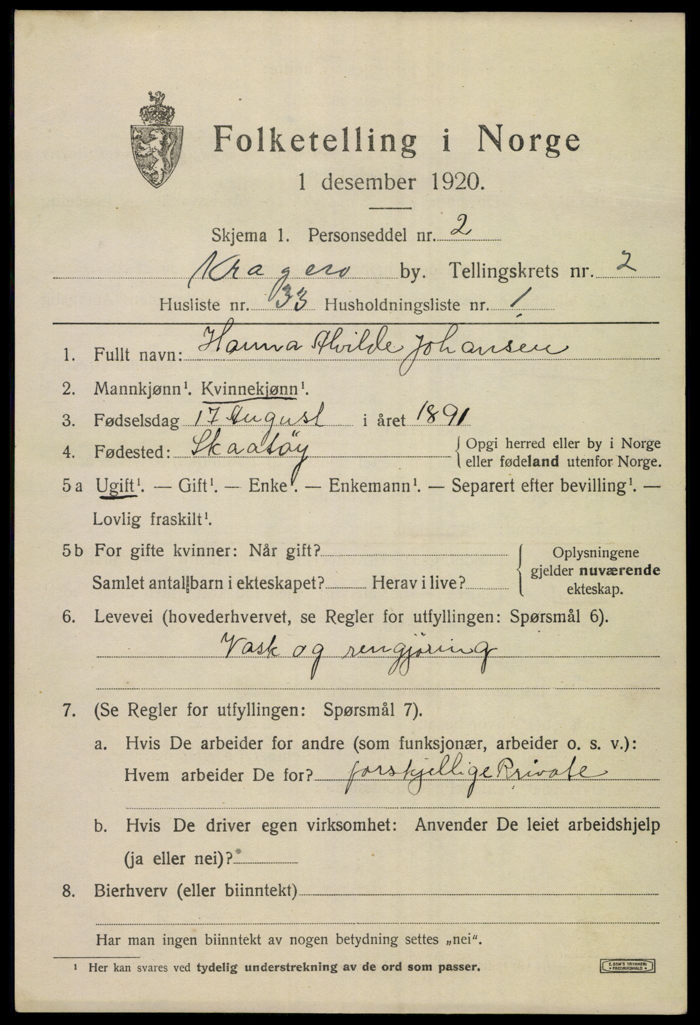 SAKO, 1920 census for Kragerø, 1920, p. 5747