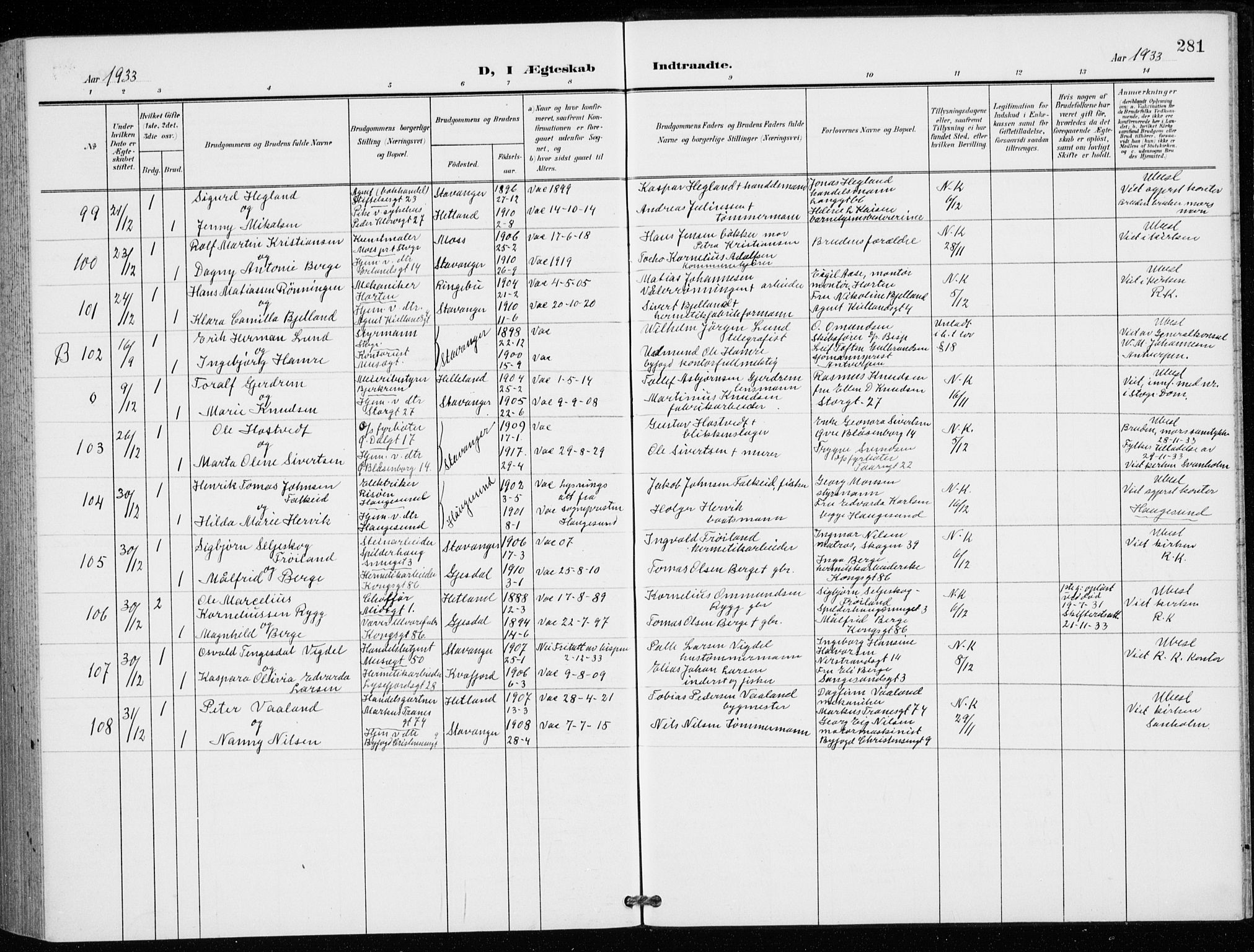 St. Petri sokneprestkontor, AV/SAST-A-101813/001/30/30BB/L0009: Parish register (copy) no. B 9, 1902-1935, p. 281