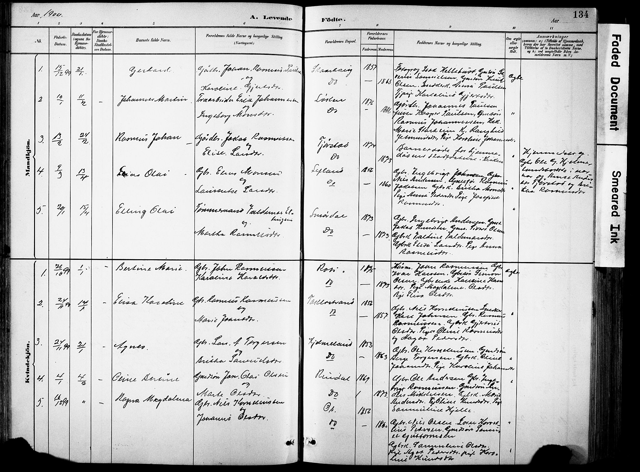 Eid sokneprestembete, SAB/A-82301/H/Hab/Habb/L0002: Parish register (copy) no. B 2, 1882-1907, p. 134