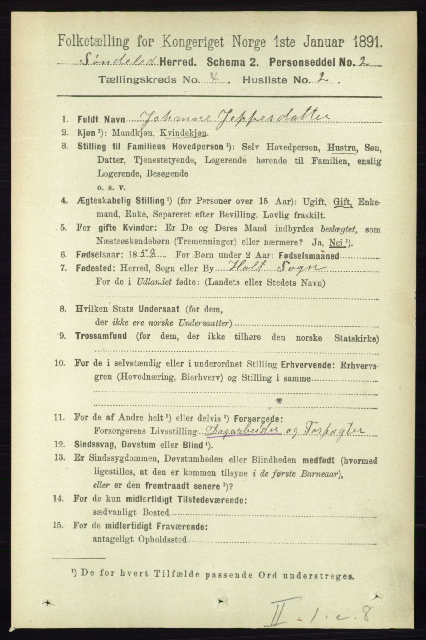 RA, 1891 census for 0913 Søndeled, 1891, p. 884