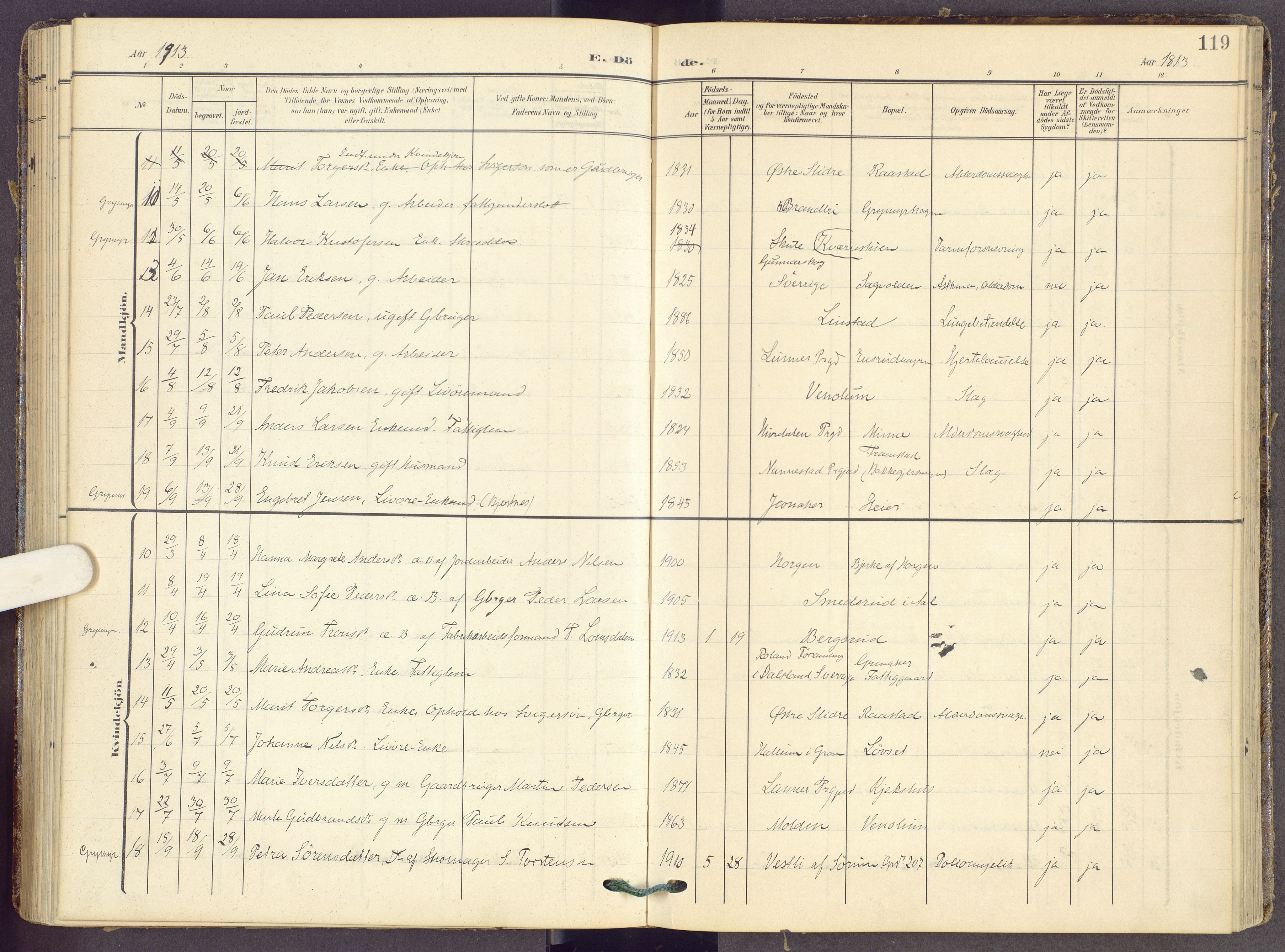 Gran prestekontor, AV/SAH-PREST-112/H/Ha/Haa/L0022: Parish register (official) no. 22, 1908-1918, p. 119