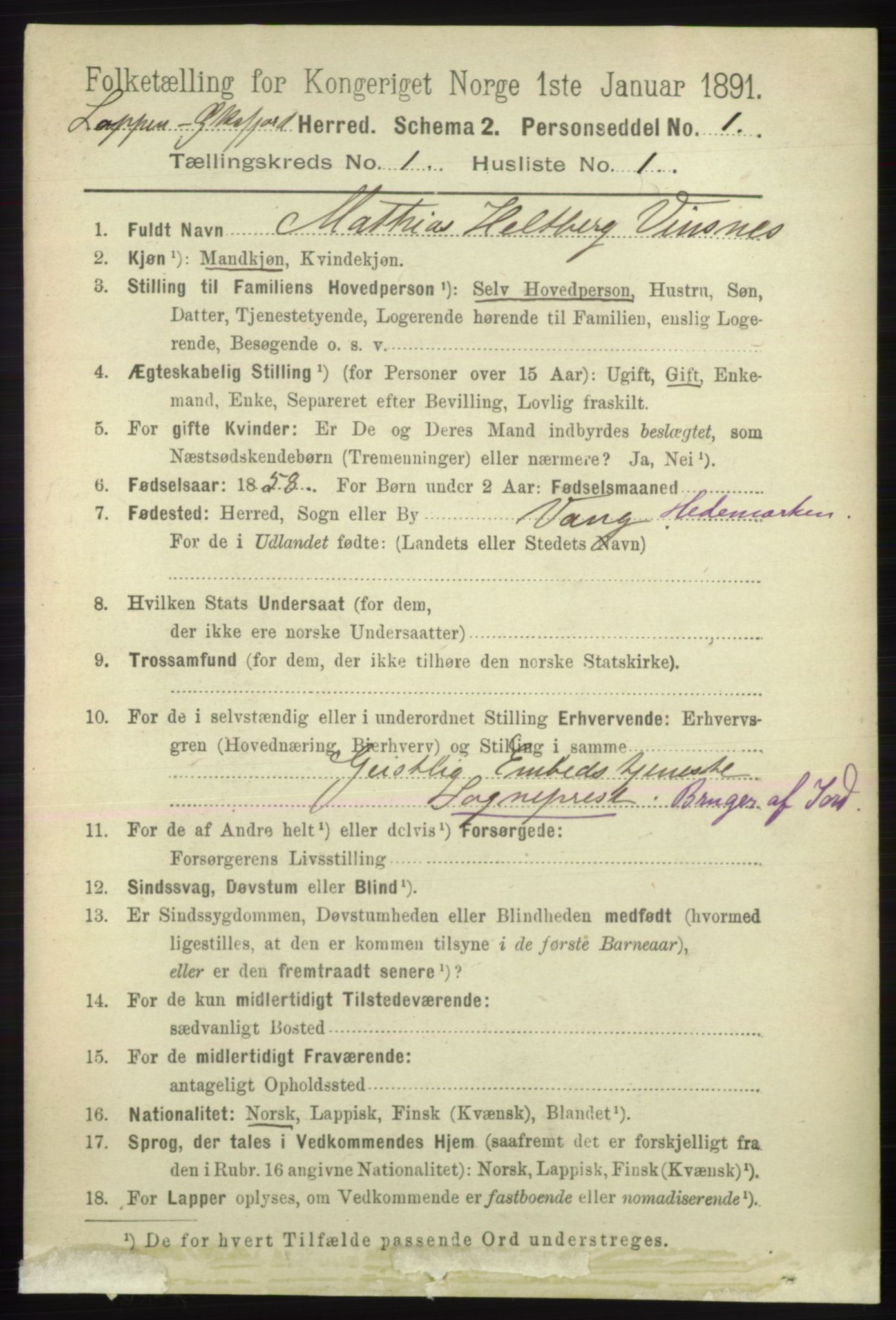 RA, 1891 census for 2014 Loppa, 1891, p. 69